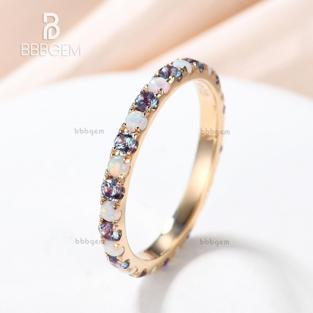 Opal and Alexandrite Wedding Band - Full Eternity Ring in 14K/18K Gold for Women | Elegant Bridal Jewelry, Anniversary Gift, Engagement Ring Alternative