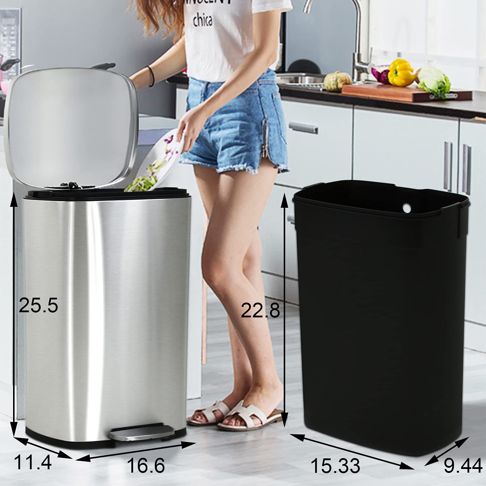 DKeli 13 Gallon Stainless Steel Step Trash Can with Soft Close Lid & Removable Inner Bucket - 50L Kitchen, Bathroom, Bedroom, Office Garbage Bin for Odor Control & Hands-Free Disposal