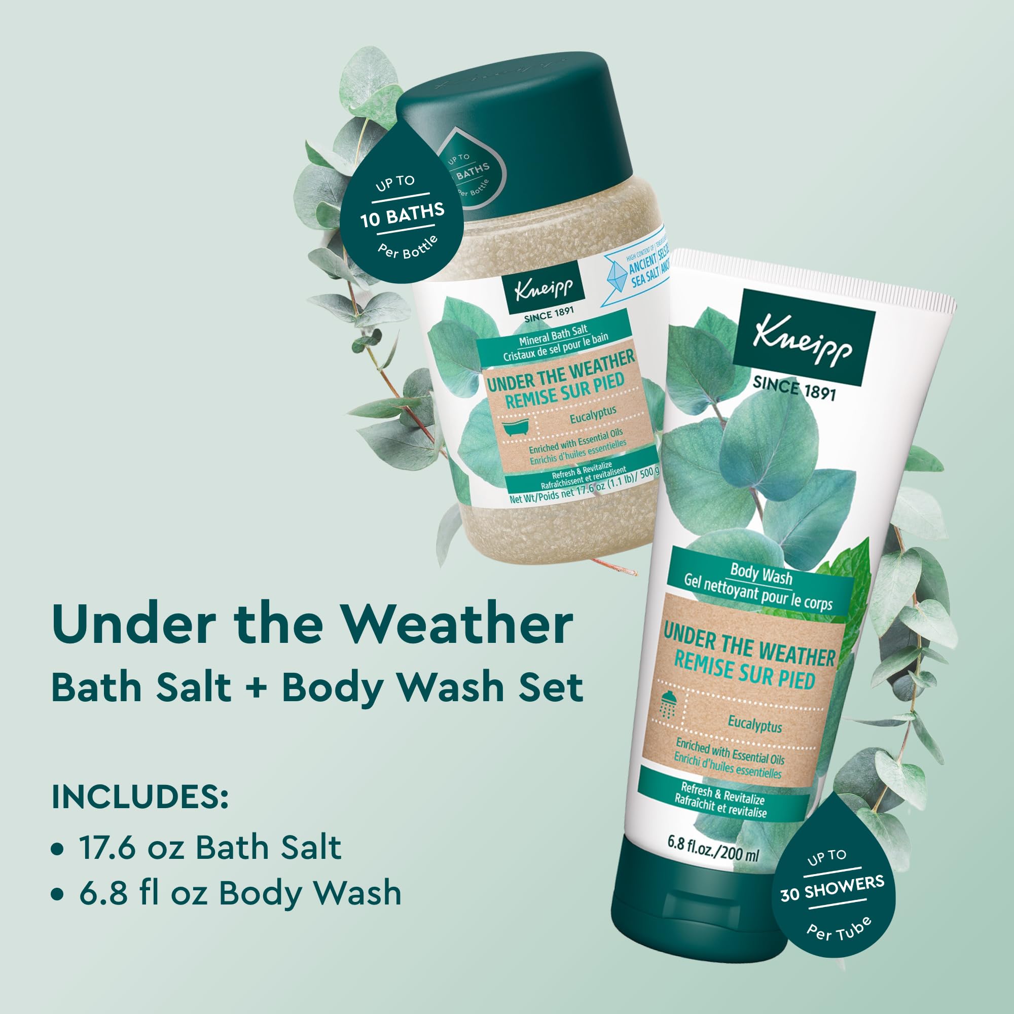Kneipp Eucalyptus Mineral Bath Salt & Body Wash Set - 17.6 oz Bath Salt + 6.76 fl oz Body Wash for Respiratory Support & Relaxation - Aromatherapy for Cold Relief, Stress Relief & Better Sleep