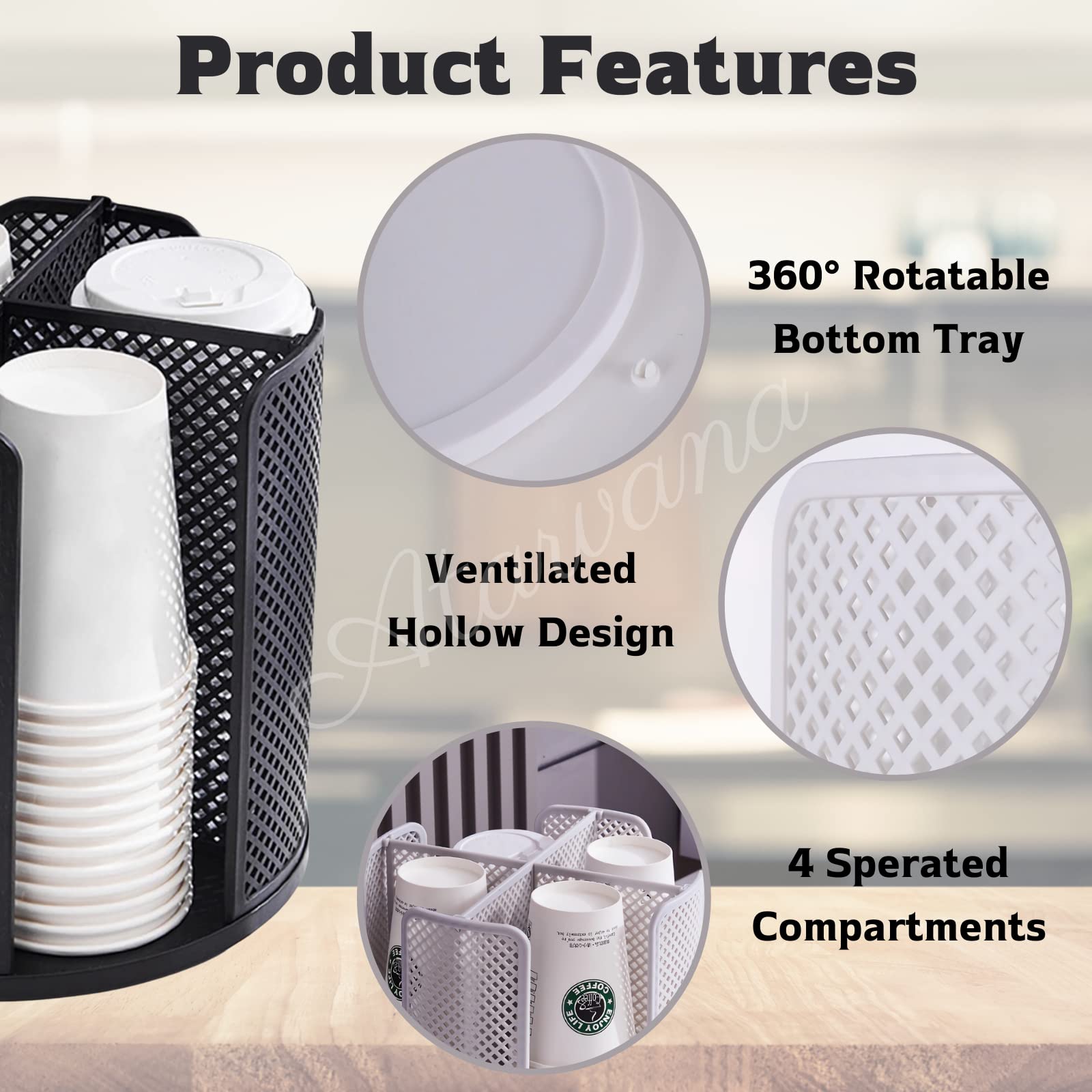 Rotatable 4-Compartment Coffee Cup Dispenser with Lids Holder - Organizer for 5-16oz Cups - Perfect for Restaurants, Coffee Stations, Bars, Offices & Homes (9.25