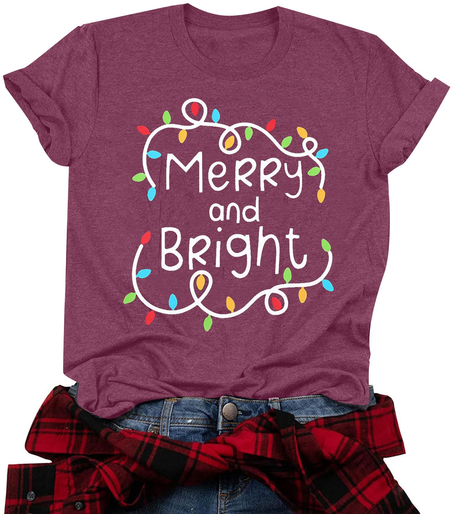 Festive Christmas T-Shirts for Women - Merry and Bright Holiday Graphic Tee with Xmas Lights - Perfect for Holiday Parties, Family Gatherings & Christmas Photos