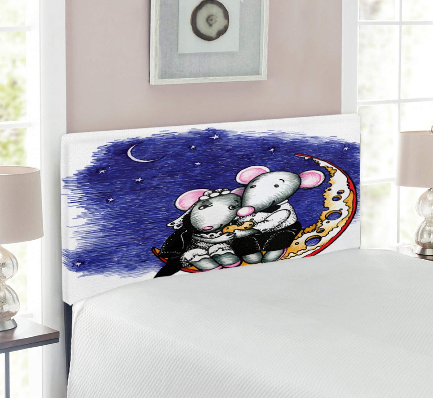 Ambesonne Animal Headboard - Mouse Couple on Cheese Moon Valentine's Wedding Art, Upholstered Decorative Metal Bed Frame with Memory Foam, Twin Size, Multicolor - Perfect for Valentine's Day Gifts, Wedding Decor & Kids' Bedroom