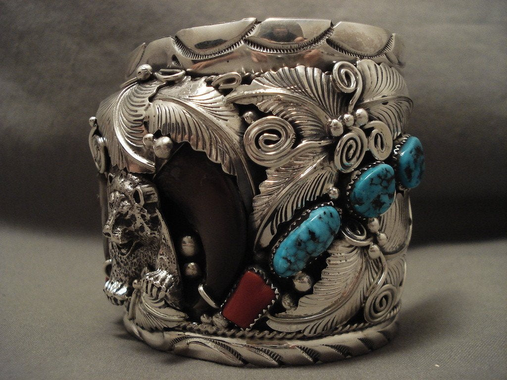 203g Monster 'Screaming Bear' Turquoise Coral Native American Sterling Silver Bracelet - Handmade Southwest Jewelry for Women, Boho Chic Accessories for Festival & Everyday Wear