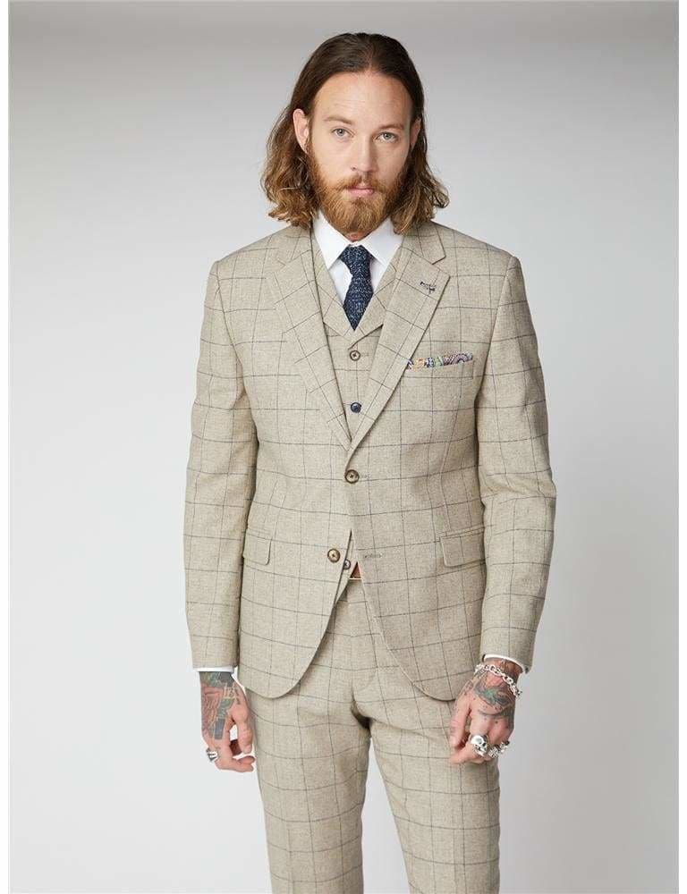 Gibson Wylam Stone Windowpane 3 Piece Tweed Suit for Men - Classic British Style Wool Blazer, Vest & Pants Set - Perfect for Weddings, Business Meetings & Formal Events