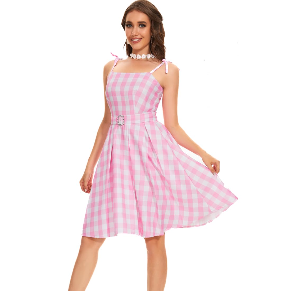 AYYOHON Women's Pink Plaid Dress with Skirt, Hair Bow, Daisy Necklace & Earrings Set - Halloween 2023 Cosplay Costume for Parties, Anime Conventions & Themed Events