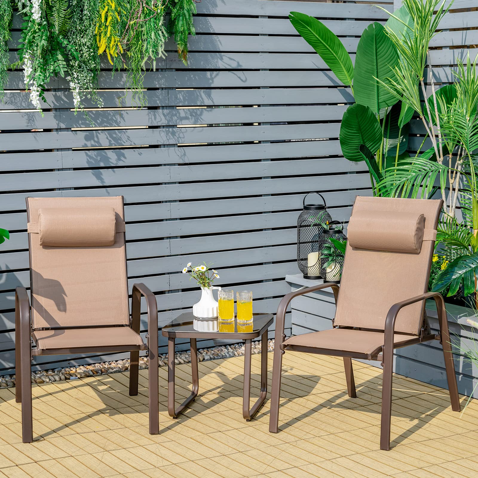 Giantex 3-Piece Outdoor Patio Bistro Set with Tempered Glass Coffee Table & 2 Stackable Chairs - Adjustable Backrest & Headrest - Brown Porch Furniture for Garden, Balcony, and Backyard Relaxation
