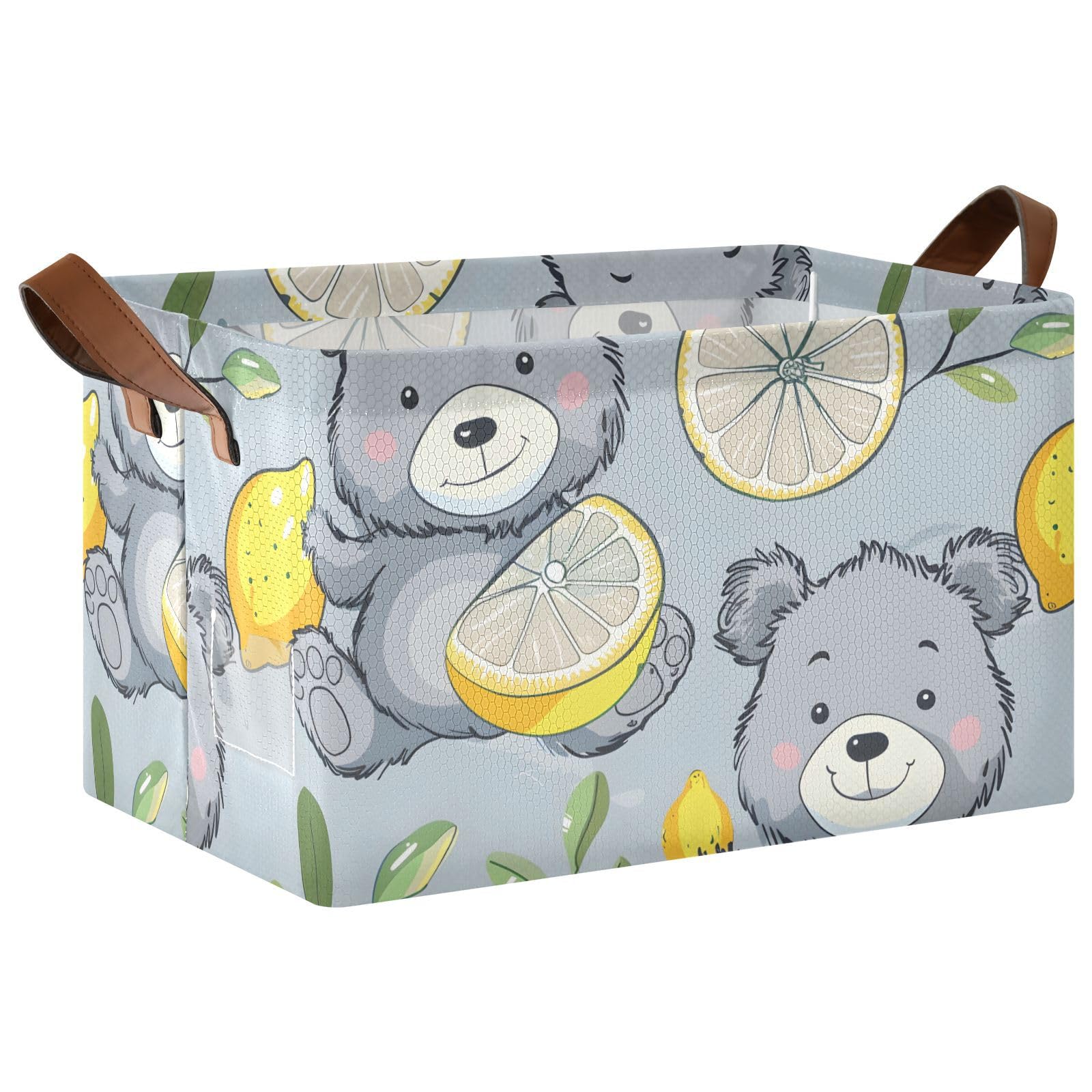 Cartoon Bear Lemon Grey Foldable Storage Baskets - 2 Pack Rectangular Fabric Storage Bins with Handles for Shelves, Closet & Home Organization | Perfect for Kids Room, Nursery & Living Room Decor