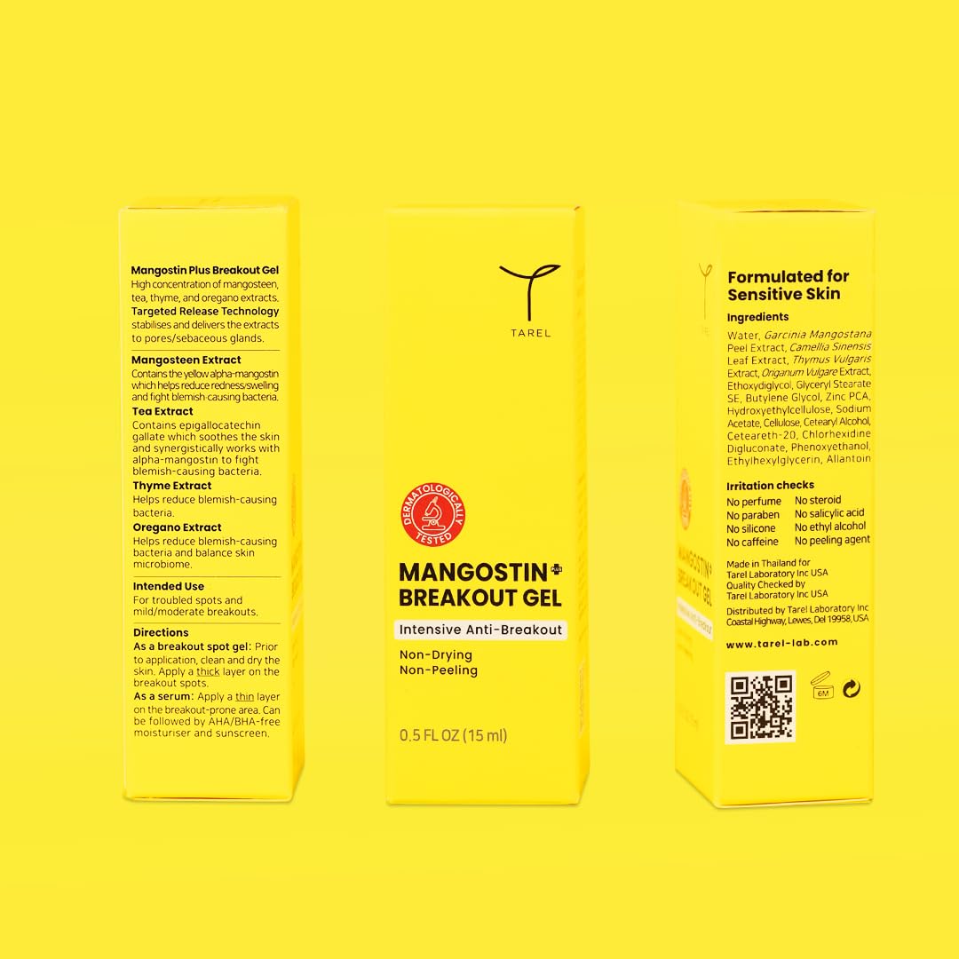 Tarel Mangostin Plus Breakout Gel - Gentle Non-Drying Acne Treatment for Sensitive & Blemish-Prone Skin (0.5 fl oz) - Perfect for Daily Skincare Routine & Overnight Spot Treatment