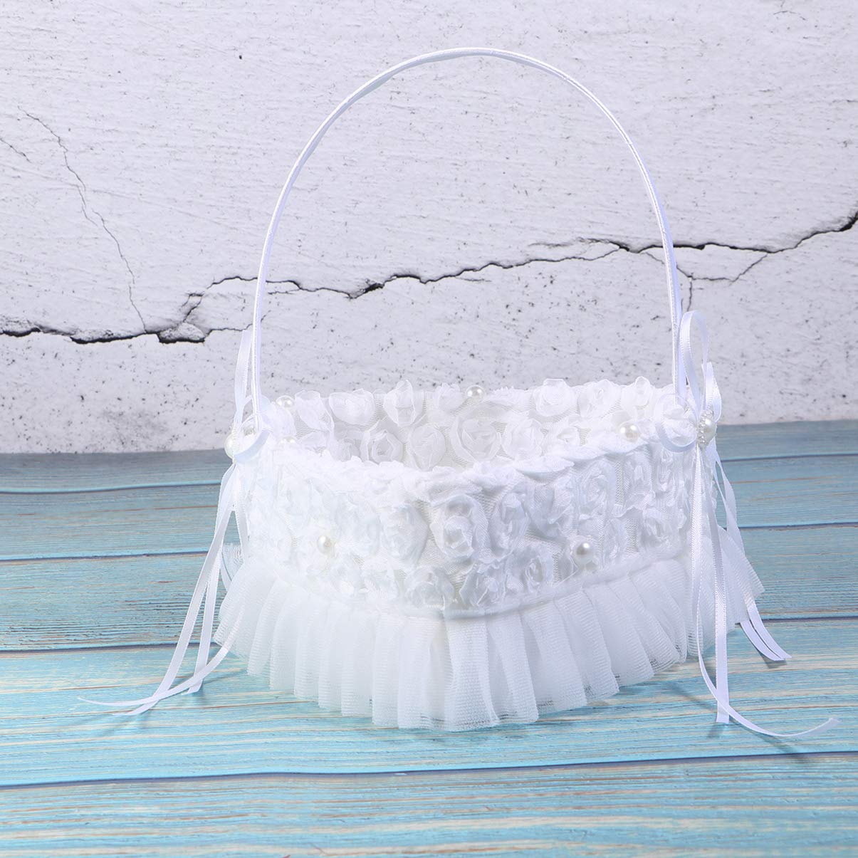 Happyyami White Heart-Shaped Lace Wedding Basket with Satin Roses - Bridal Flower Petal Holder for Wedding Ceremony, Reception & Party Decorations - Perfect for Aisle Scattering, Table Centerpieces & Photo Props