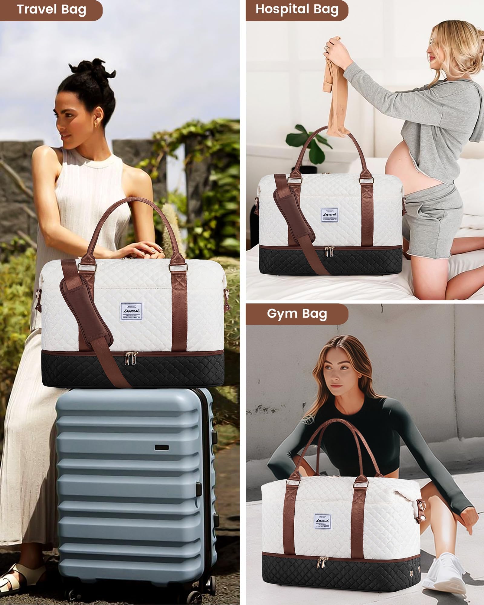 LOVEVOOK Women's Travel Weekender Bag with Shoe Compartment & Wet Pocket - 3 Piece Carry On Overnight Duffle Set for Gym, Yoga, Hospital & Labor Delivery - Perfect for Weekend Getaways, Business Trips & Maternity Care