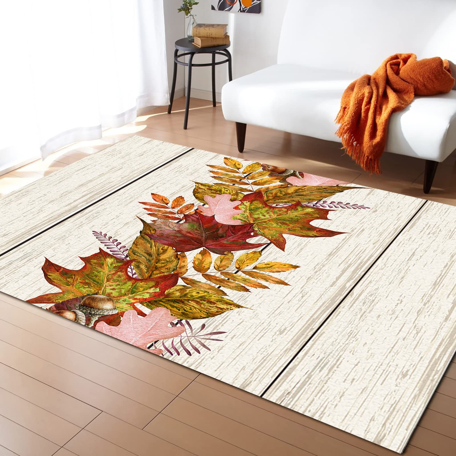 5'x7' Autumn Leaves Area Rug - Country Rustic Fall Wood Grain Carpet for Indoor/Outdoor Use | Washable Large Floor Mat for Bedroom, Living Room, Bathroom, Office & Kitchen | Perfect for Fall Home Decor, Kids Rooms & Cozy Spaces