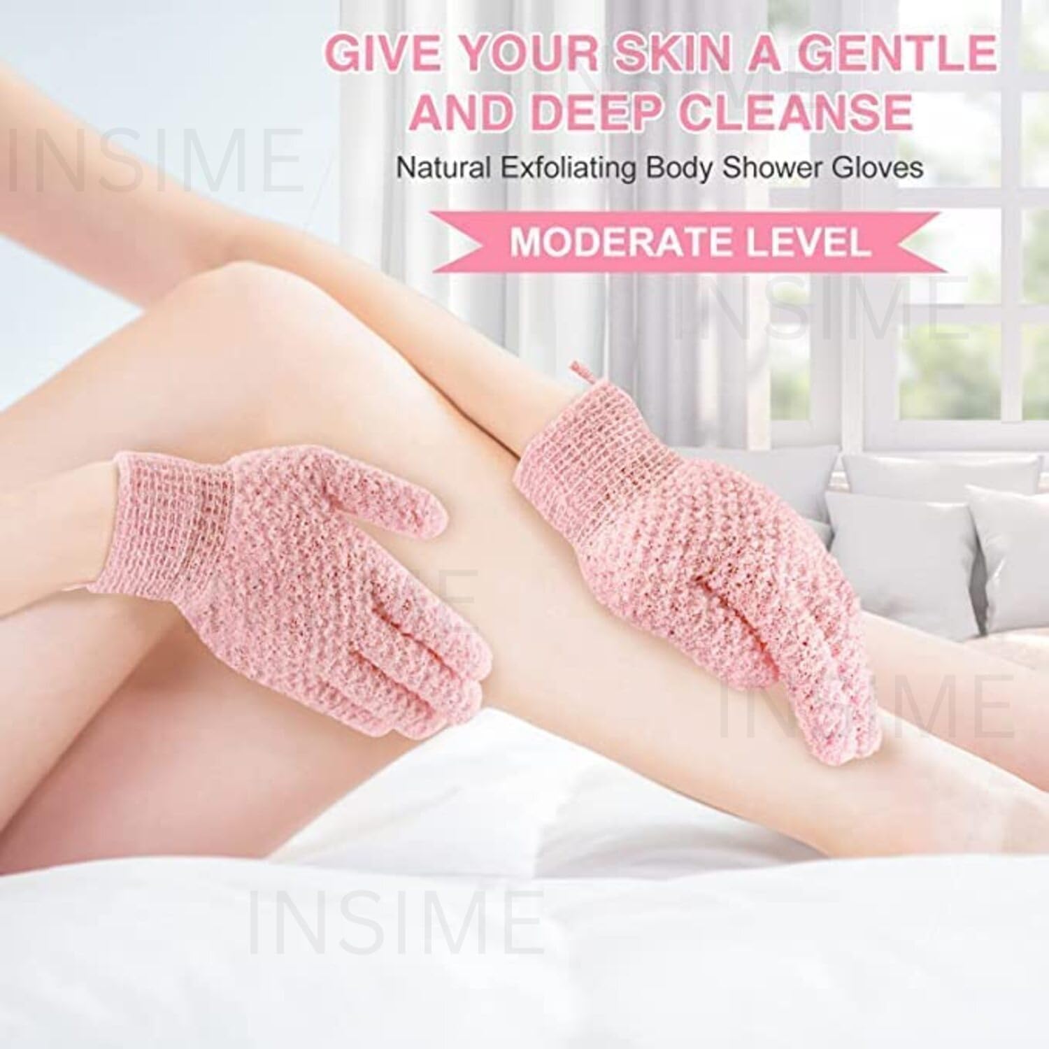 **INSIME Premium Exfoliating Shower Gloves (2 Pairs) – Dual Texture Body Scrub for Dead Skin Removal – Spa & Massage Gloves for Women & Men – Perfect for Dry Skin & Pre-Tanning Prep**    *(Use Case: Ideal for daily exfoliation, spa treatments, pre-tanning prep, and improving skin texture.)*