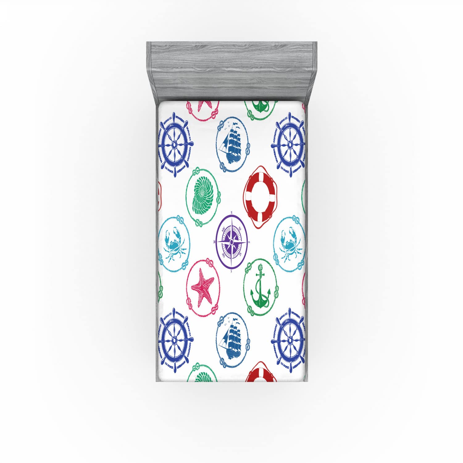 Ambesonne Marine Themed Fitted Sheet - Anchor, Wheel, Compass & Sea Life Design, Deep Pocket All-Around Elastic, Twin XL Size, Green & Red - Perfect for Nautical Bedrooms, Beach Houses & Coastal Decor