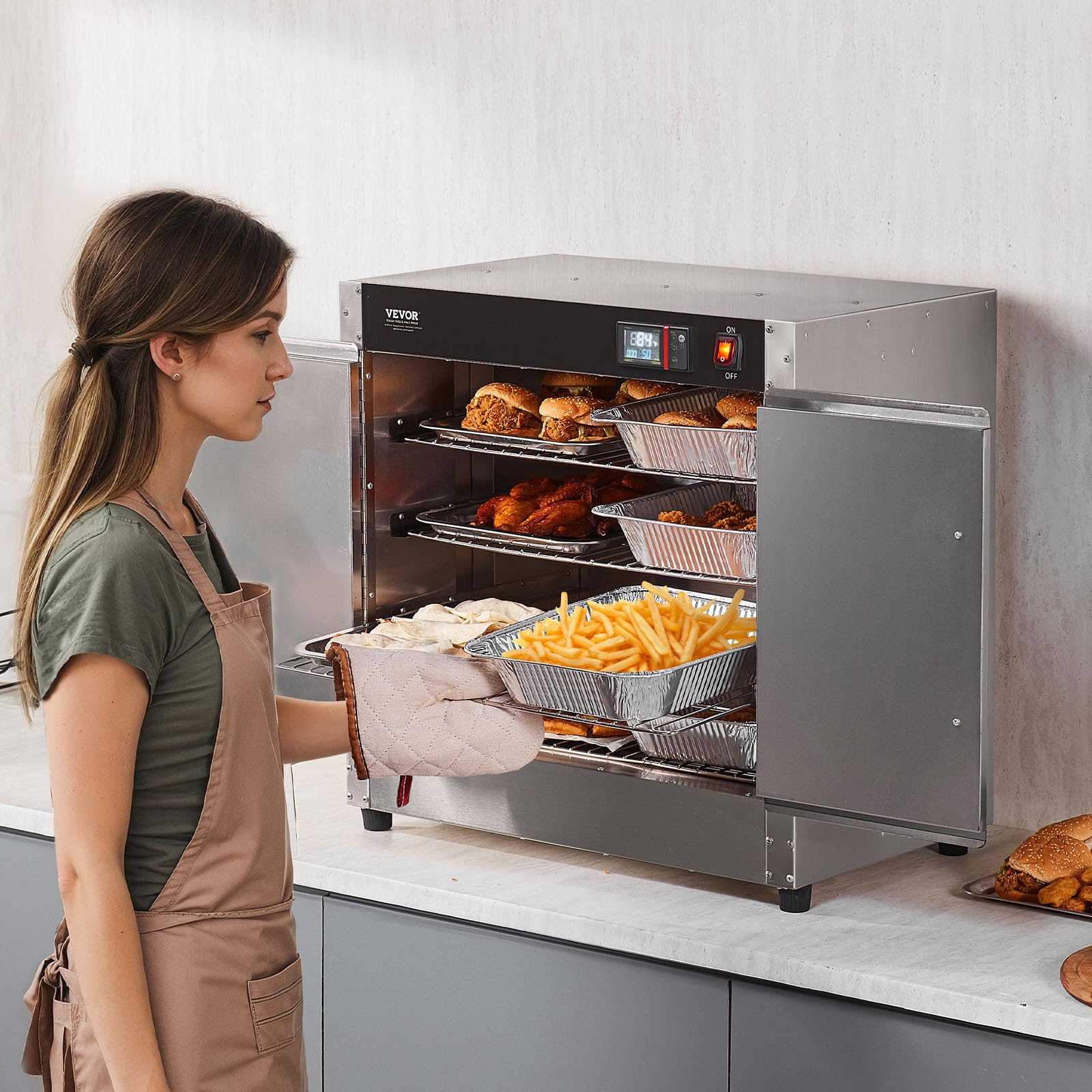 VEVOR 4-Tier Commercial Food Warmer Cabinet - Stainless Steel Concession Warmer with Water Tray, 4 Pans & Adjustable Shelves - Perfect for Restaurants, Catering & Pizza Shops - Keep Pizza, Chicken & Meals Hot for Serving