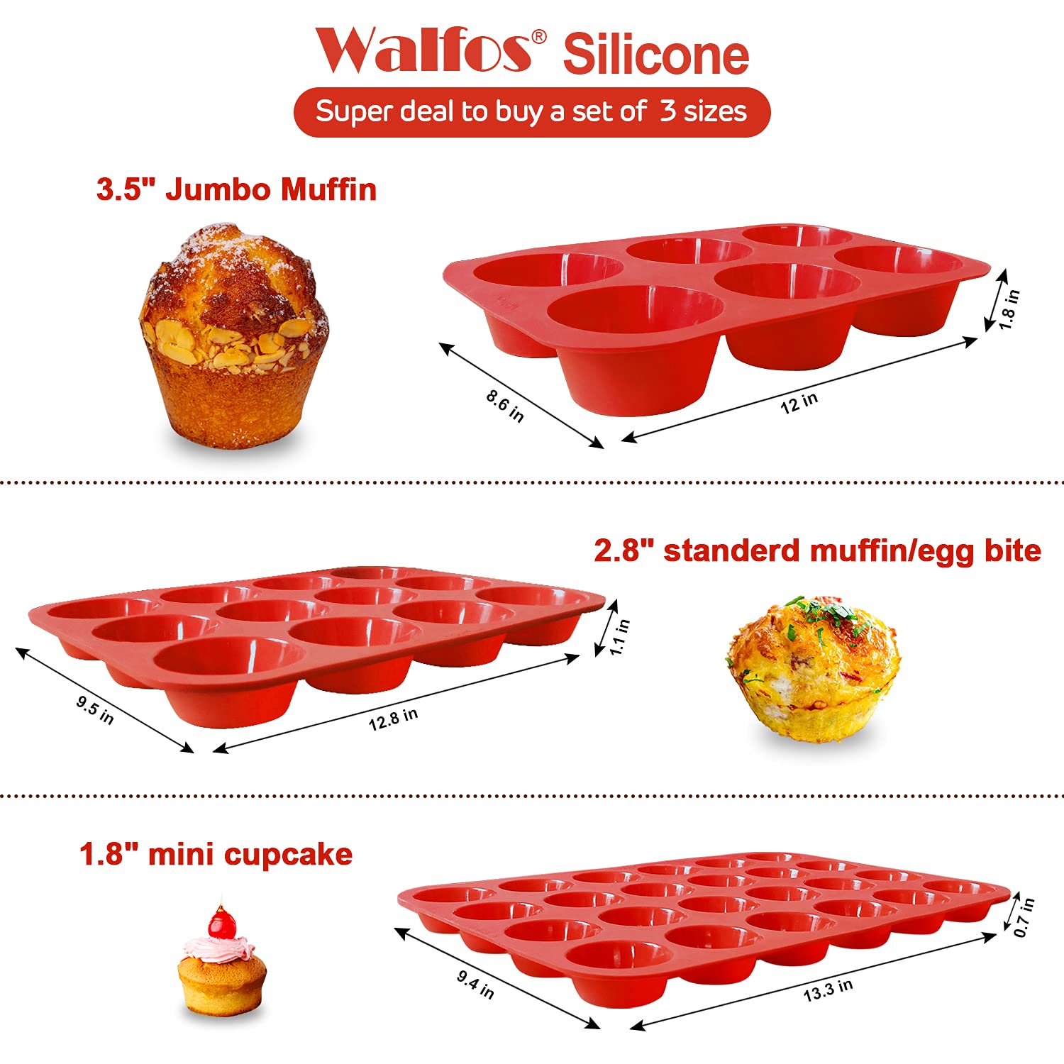 WALFOS BPA-Free Silicone Muffin Pan Set of 3 - Non-Stick 24 Mini, 12 Regular & 6 Texas-Size Cupcake Baking Pans | Easy Pop Out | Dishwasher & Microwave Safe | Perfect for Baking, Party Treats & Meal Prep