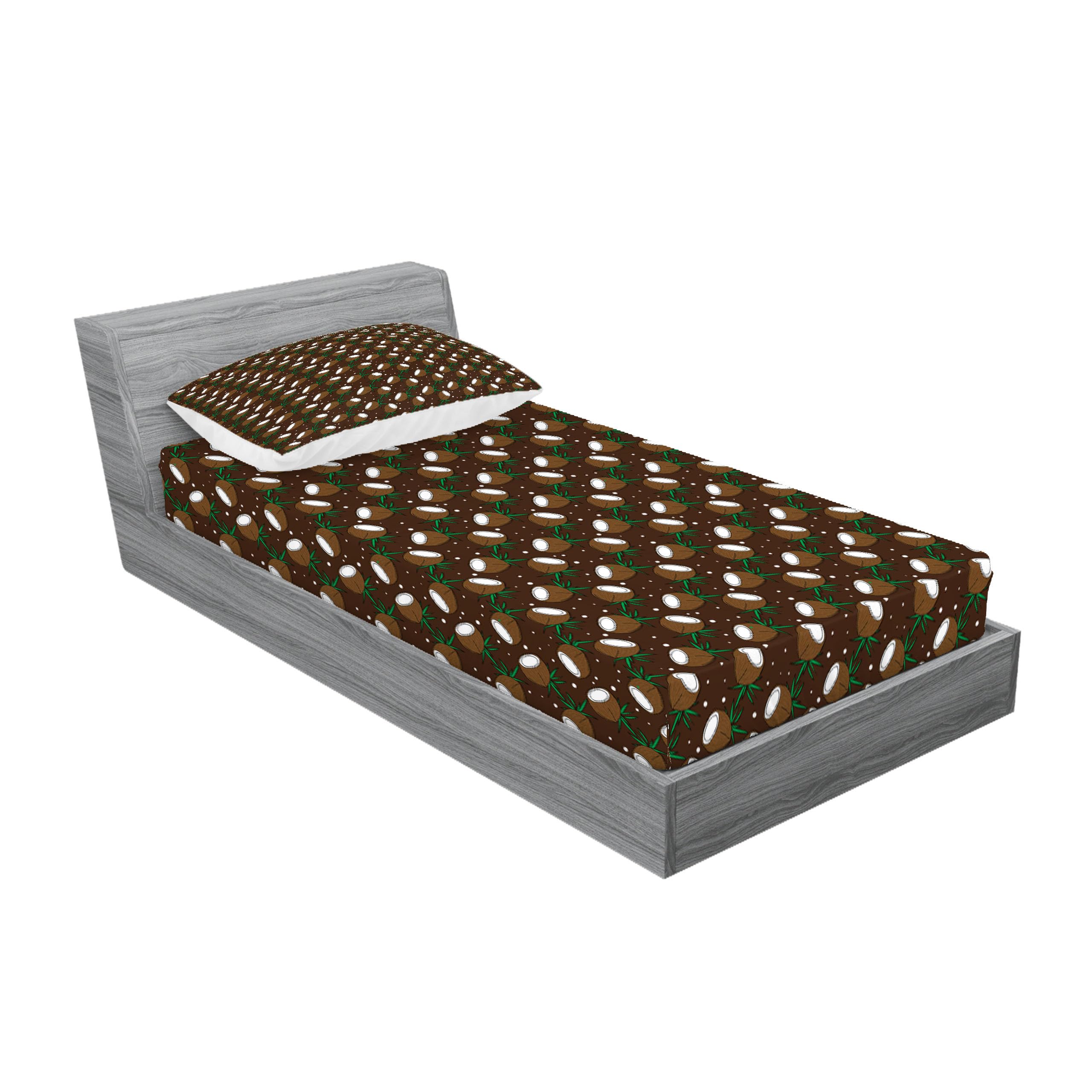 Ambesonne Chocolate Brown Fitted Sheet & Pillow Sham Set - Tropical Coconut & Dot Pattern 2-Piece Twin Bedding Set for Beach House Decor, Guest Room & Boho Chic Bedroom