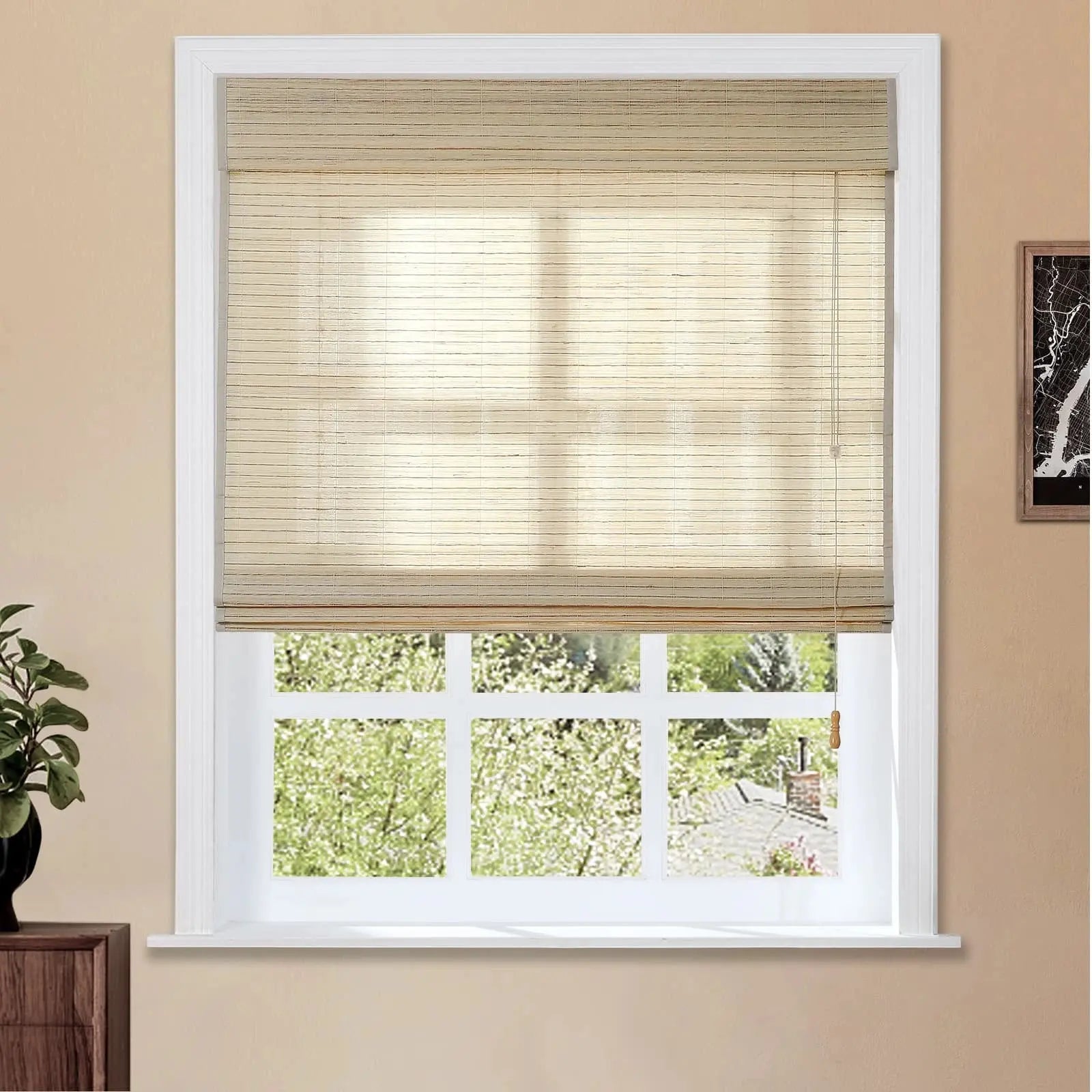 Natural Ramie Bamboo Woven Window Shade - Sand Beige Color | Eco-Friendly Room Darkening Blind for Living Room & Bedroom
