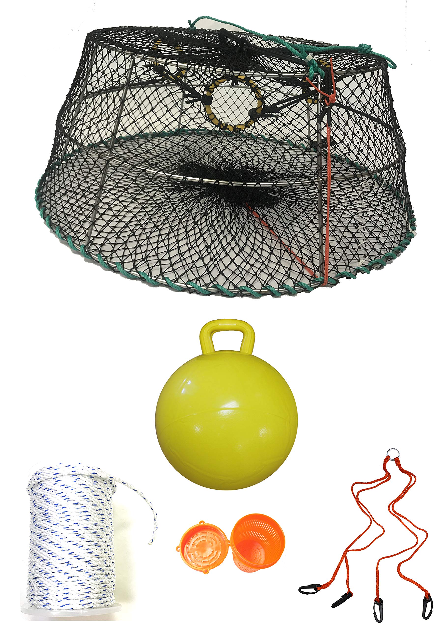 KUFA Sports Crab Trap - Heavy Duty Tower Style Prawn Trap with 400ft Rope, Yellow Float, Vented Bait Jar & Harness Combo for Crabbing, Shrimping and Fishing in Ocean, Bay or River