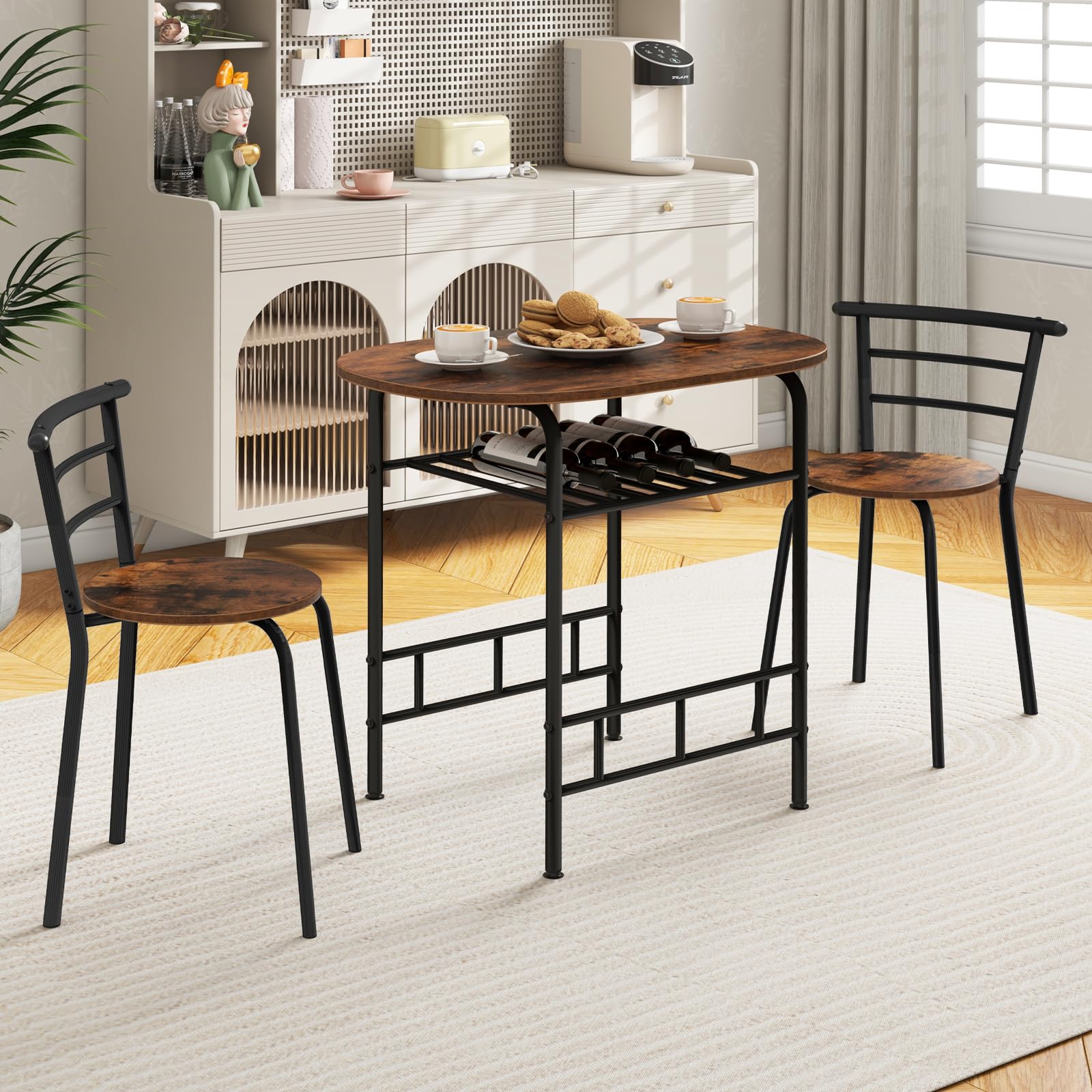 Giantex 3-Piece Space Saving Dining Set - Compact Bistro Table with 2 Chairs, Metal Frame & Storage Shelf - Perfect for Small Apartments, Kitchen, Breakfast Nook & Pub Style Decor (Black & Brown) - Ideal for Studio Living, Balcony Dining & Urban Homes
