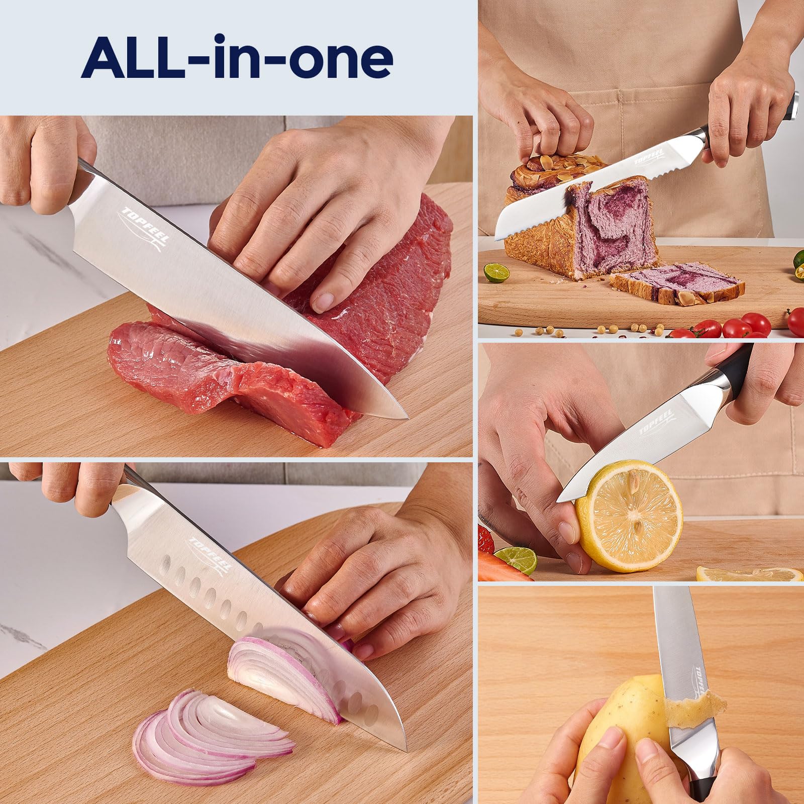 6Pcs Premium German High Carbon Stainless Steel Kitchen Knife Set - 3.5 to 8 Inch Sharp Chef Knives with Ergonomic Handle & Bamboo In-Drawer Organizer - Perfect for Home Cooking, Meat Cutting, Vegetable Chopping and Professional Kitchen Use