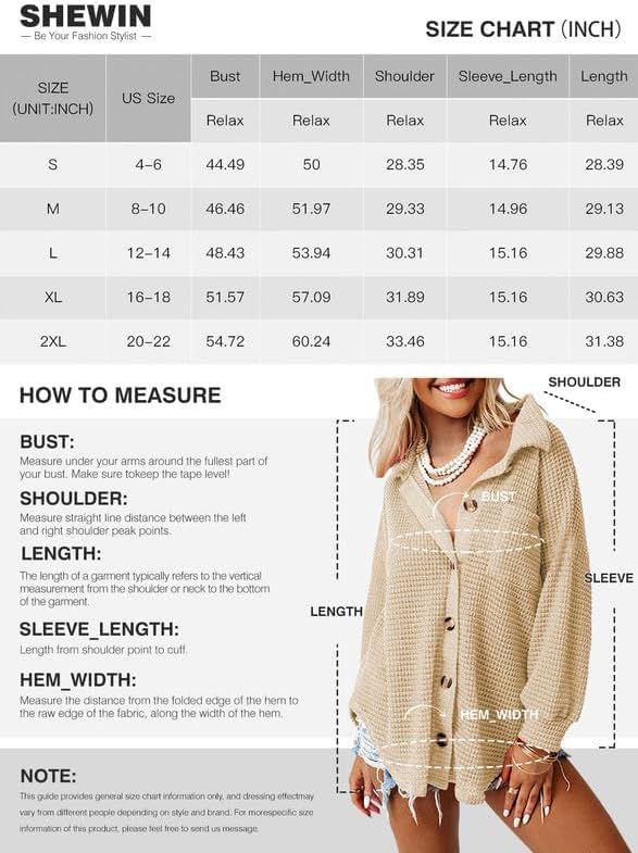 SHEWIN Women's Waffle Knit Button Down Shirt - Casual Long Sleeve Shacket Jacket, Boyfriend Style Loose Fit Blouse for Fall & Winter | Perfect for Layering, Office Wear, and Weekend Outfits