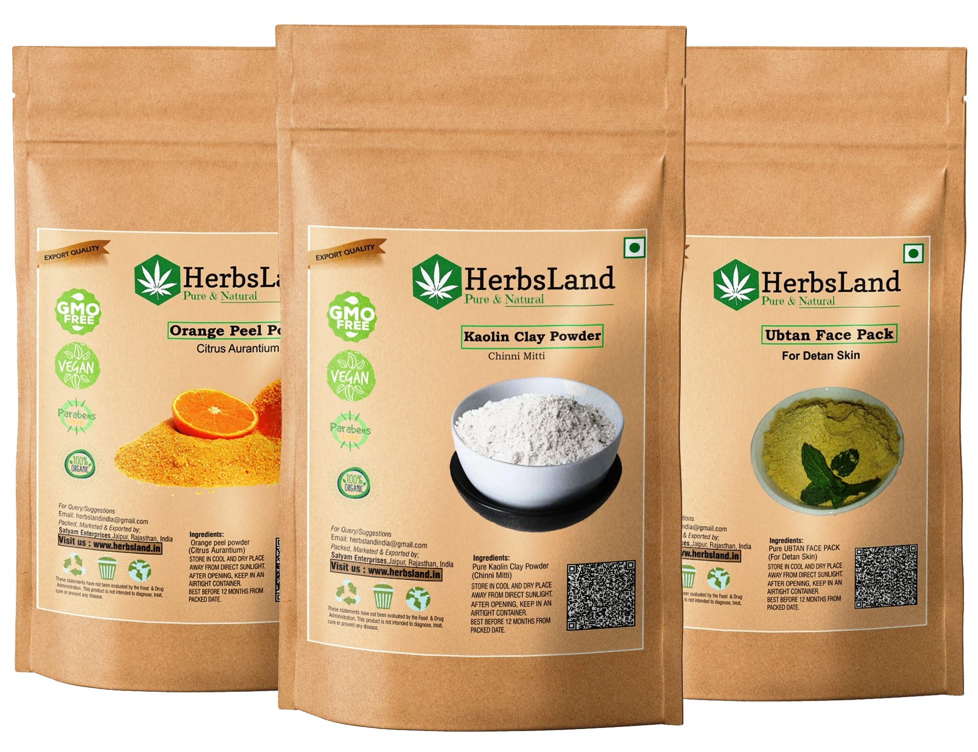 HerbsLand Natural Chinni Mitti (Kaolin Clay) Powder, Ubtan Detan & Orange Peel Powder - 100g Each for Glowing Skin & Face Care | DIY Face Mask, Brightening & Exfoliating Treatment