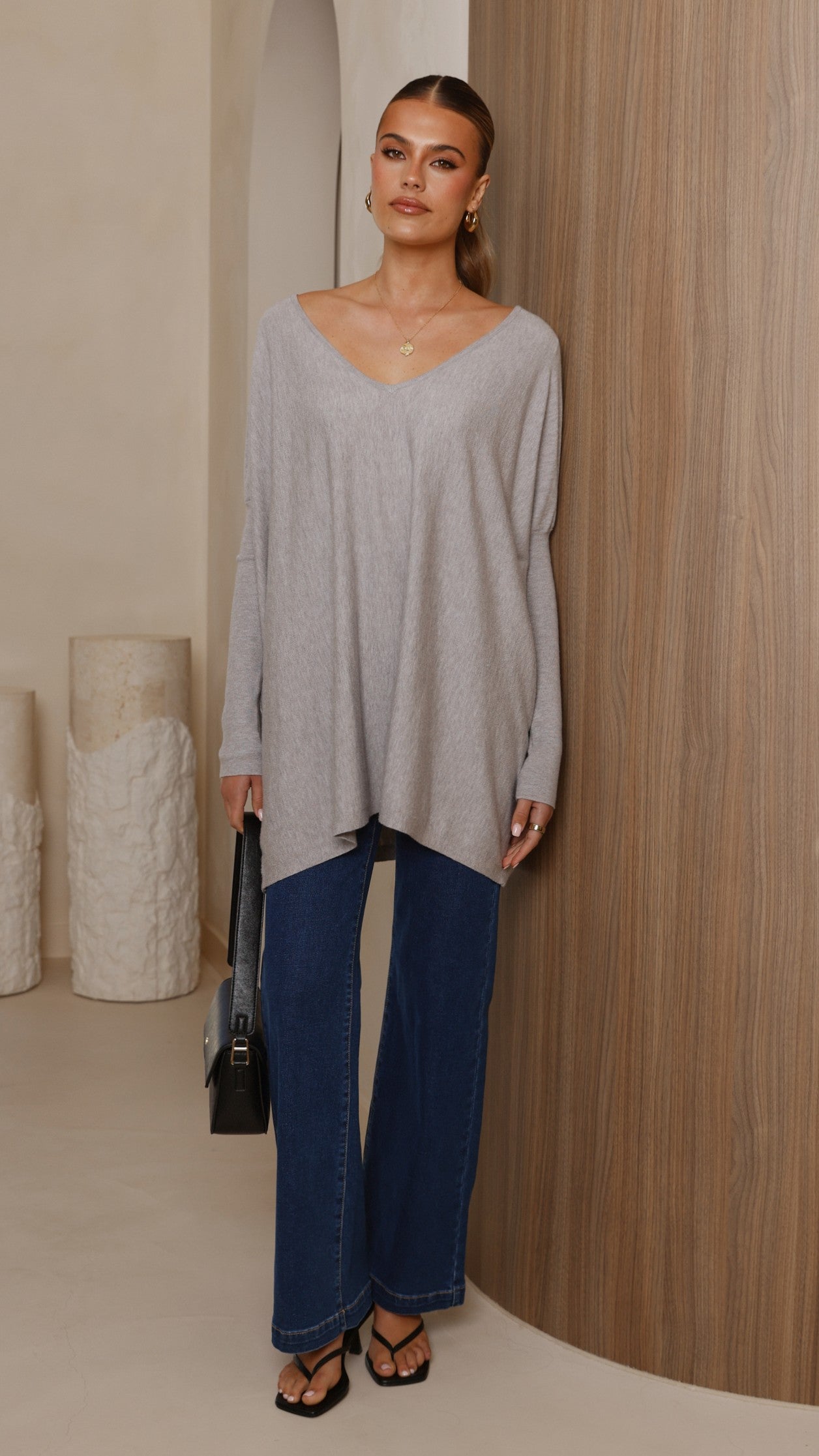 Amalia Knit Top for Women - Soft Grey Casual Sweater - Perfect for Office, Date Night & Fall Layering