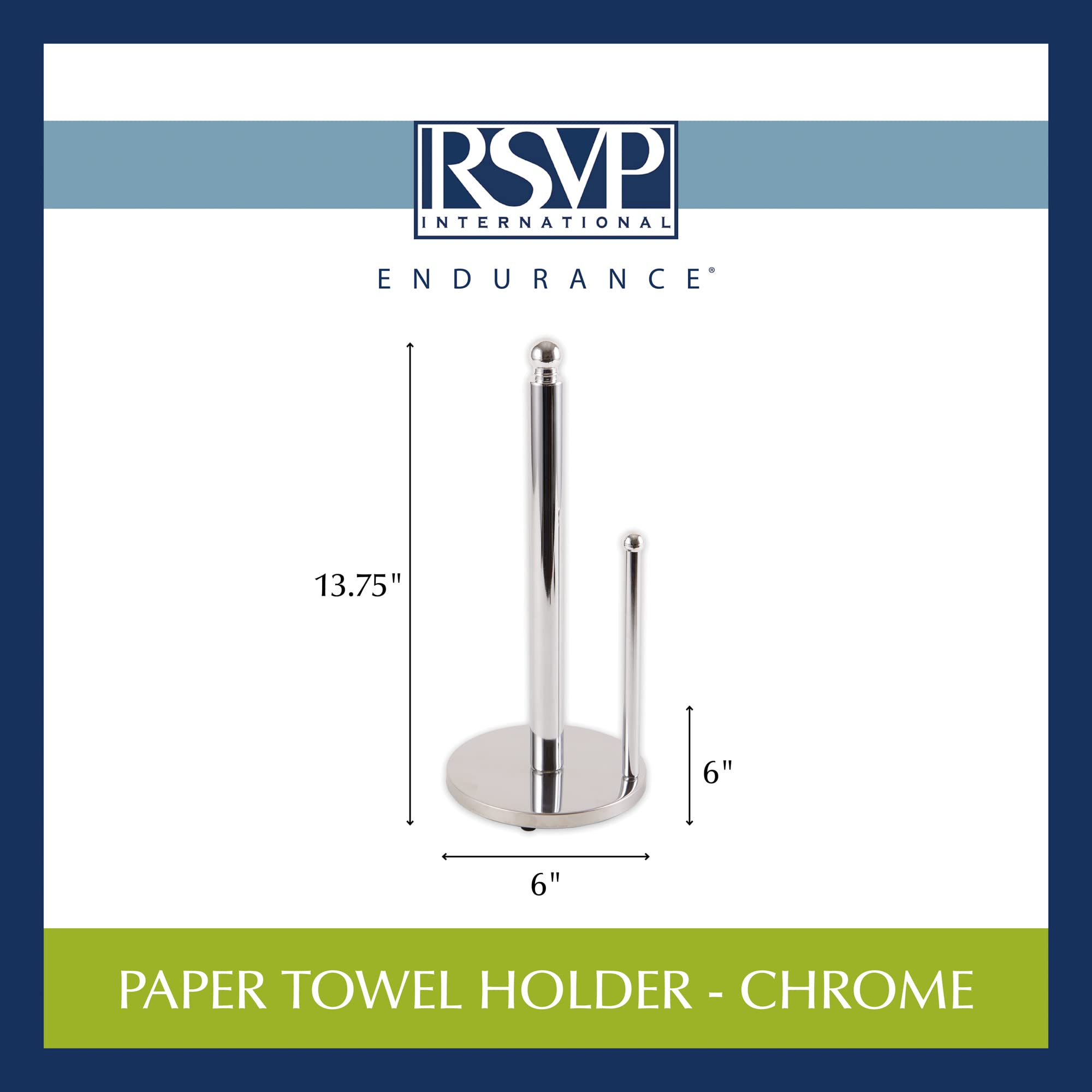 RSVP International Chrome Paper Towel Holder - 6x13.75 Inches, Stainless Steel Countertop Organizer for Kitchen, Office, Restaurant & Bathroom | Space-Saving & Durable Design