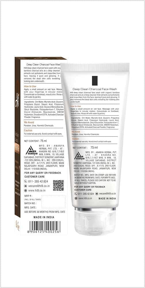 Hi9 Deep Clean Charcoal Face Wash for Women & Men - Paraben & Sulfate Free, Refreshing Cleanser for All Skin Types to Achieve Glowing Bright Skin | Daily Facial Cleansing, Acne Treatment & Oil Control