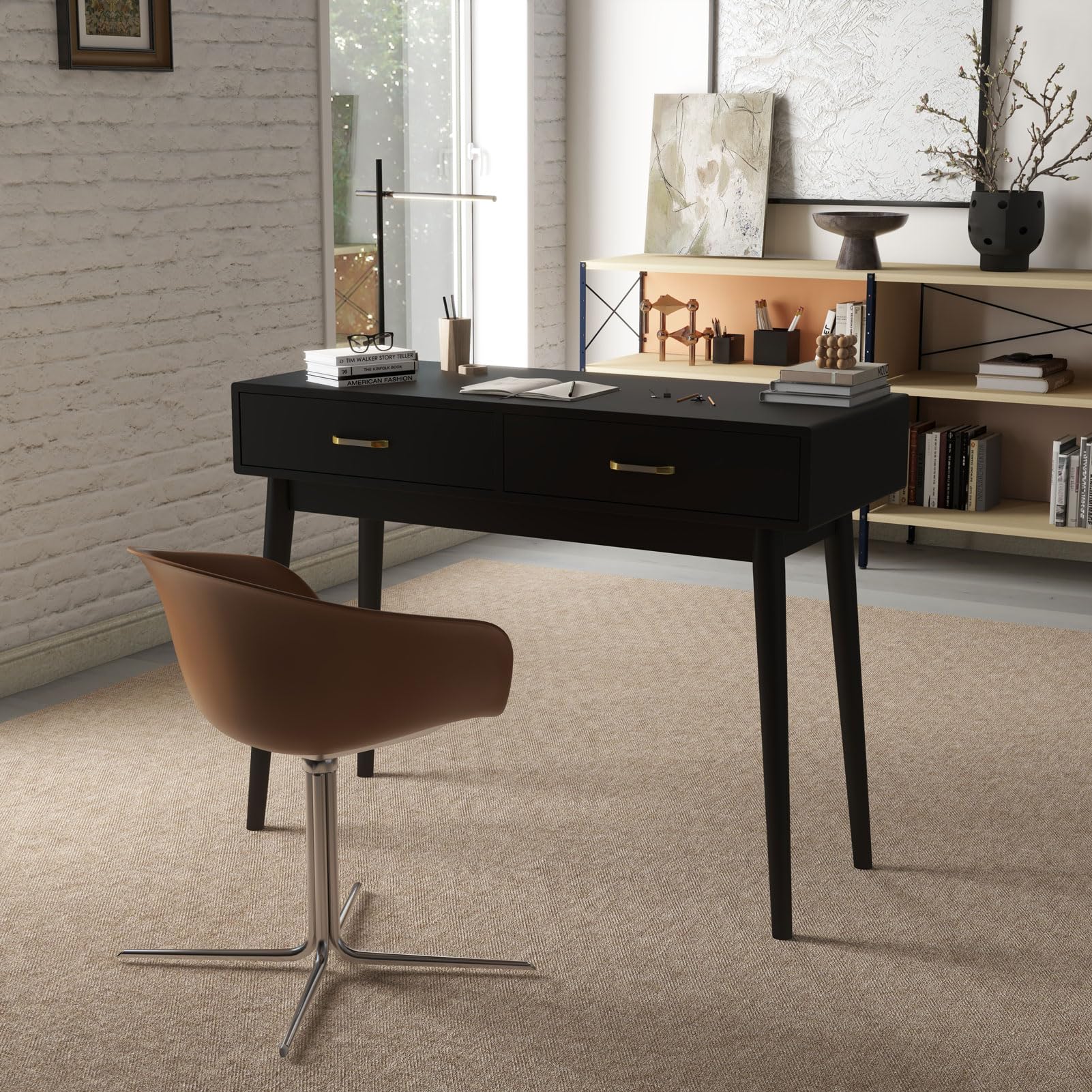 Modern Small White Desk with 2 Drawers - Compact Writing Desk for Small Spaces, Home Office & Study Desk, Laptop Computer Workstation, Bedroom Makeup Vanity Table (Black) | Perfect for Apartments, Dorms & Cozy Workspaces