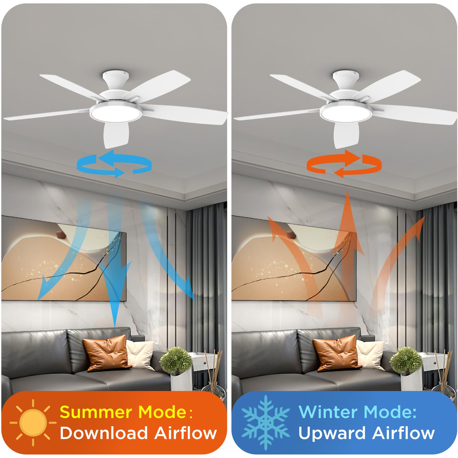 TALOYA 52 Inch White Ceiling Fan with Light and Remote Control - 3 Color Temperatures, Dimmable LED, Reversible Blades, Ultra Quiet - Perfect for Living Room, Bedroom, and Office Spaces