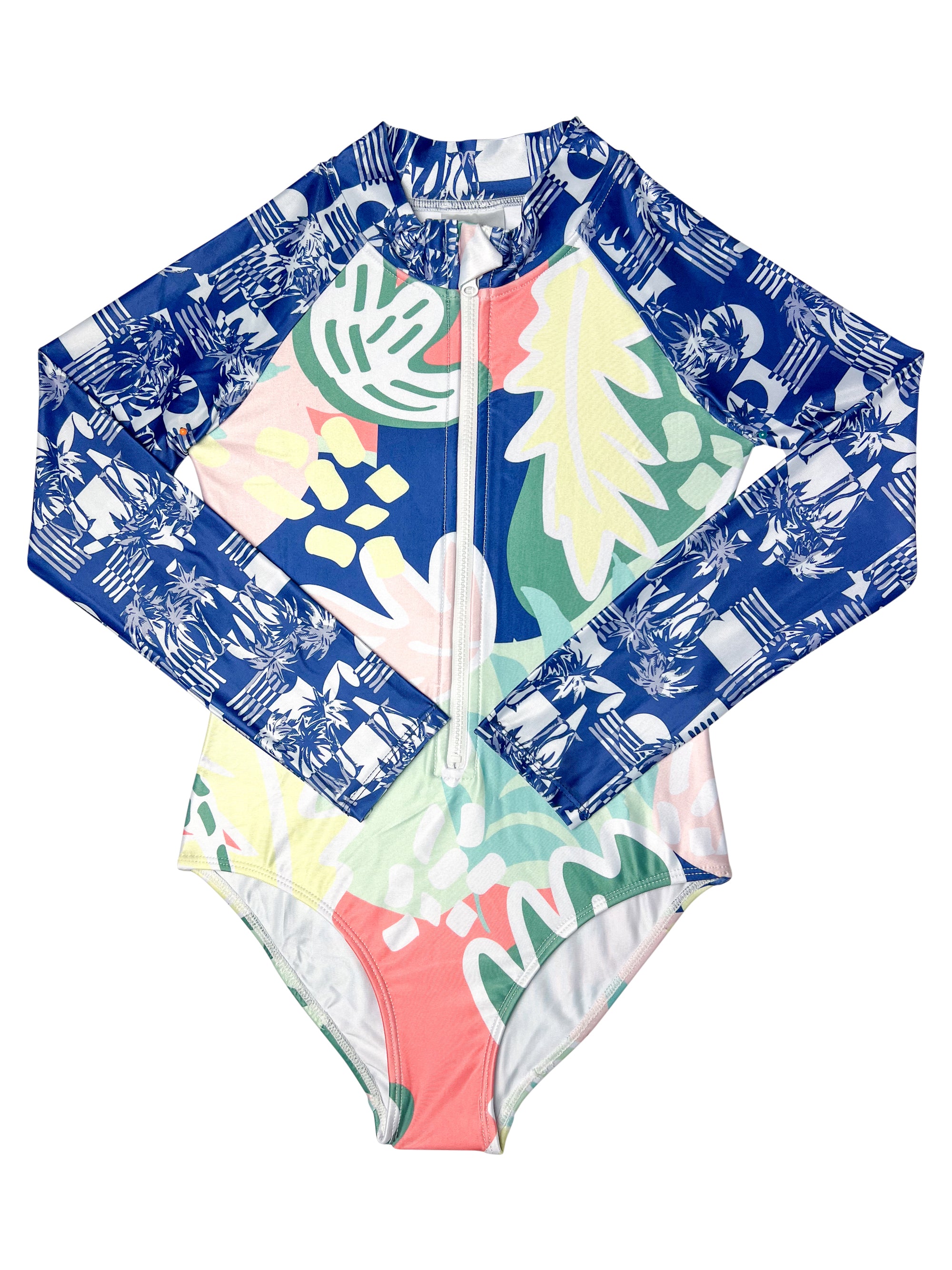 Kusu Girls Front Zip Long Sleeve One Piece Jumpsuit - Palmscape & Colorful Canopy Print - Playdate & Outdoor Adventure Outfit