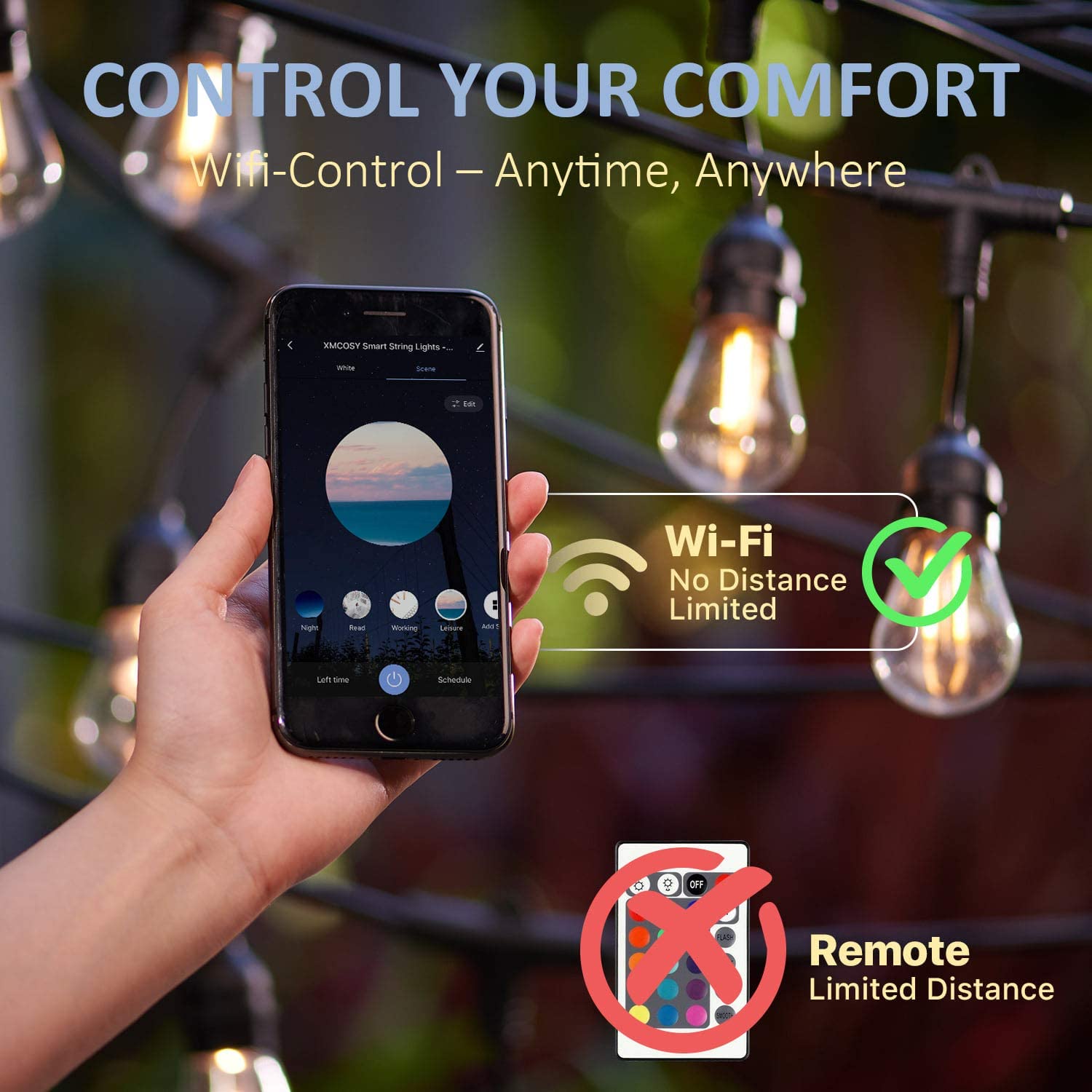 XMCOSY+ 98Ft Smart Outdoor String Lights - Waterproof LED Patio Lights with 10Ft Extension Cord, Warm White & Dimmable for Backyard, Garden, Wedding, Party Decoration