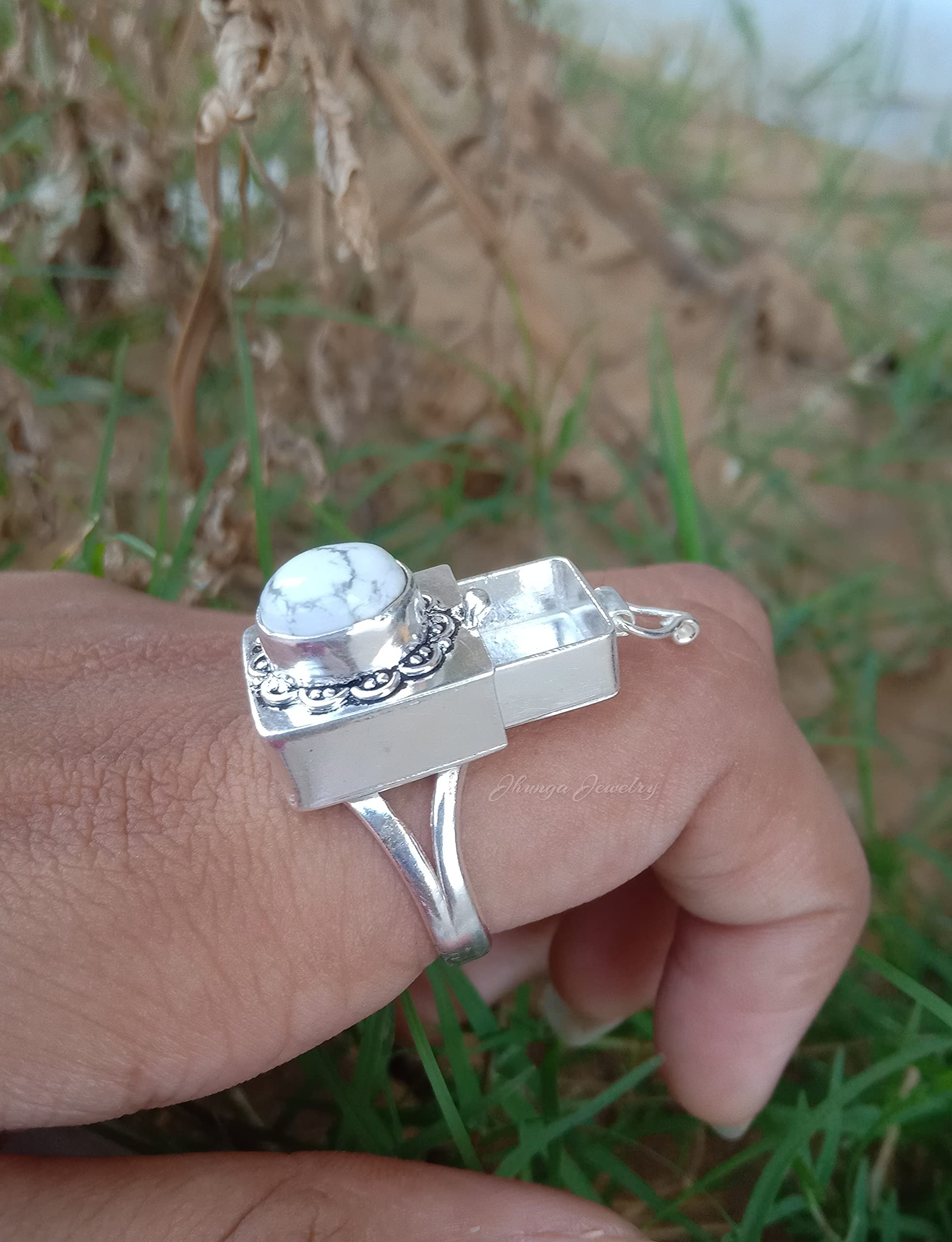 White Howlite Poison Ring - Handmade 925 Sterling Silver Secret Box Ring with Openable Compartment | Perfect for Medicine, Pills, or Keepsakes | Unique Gothic Jewelry for Cosplay, Halloween, and Alternative Fashion