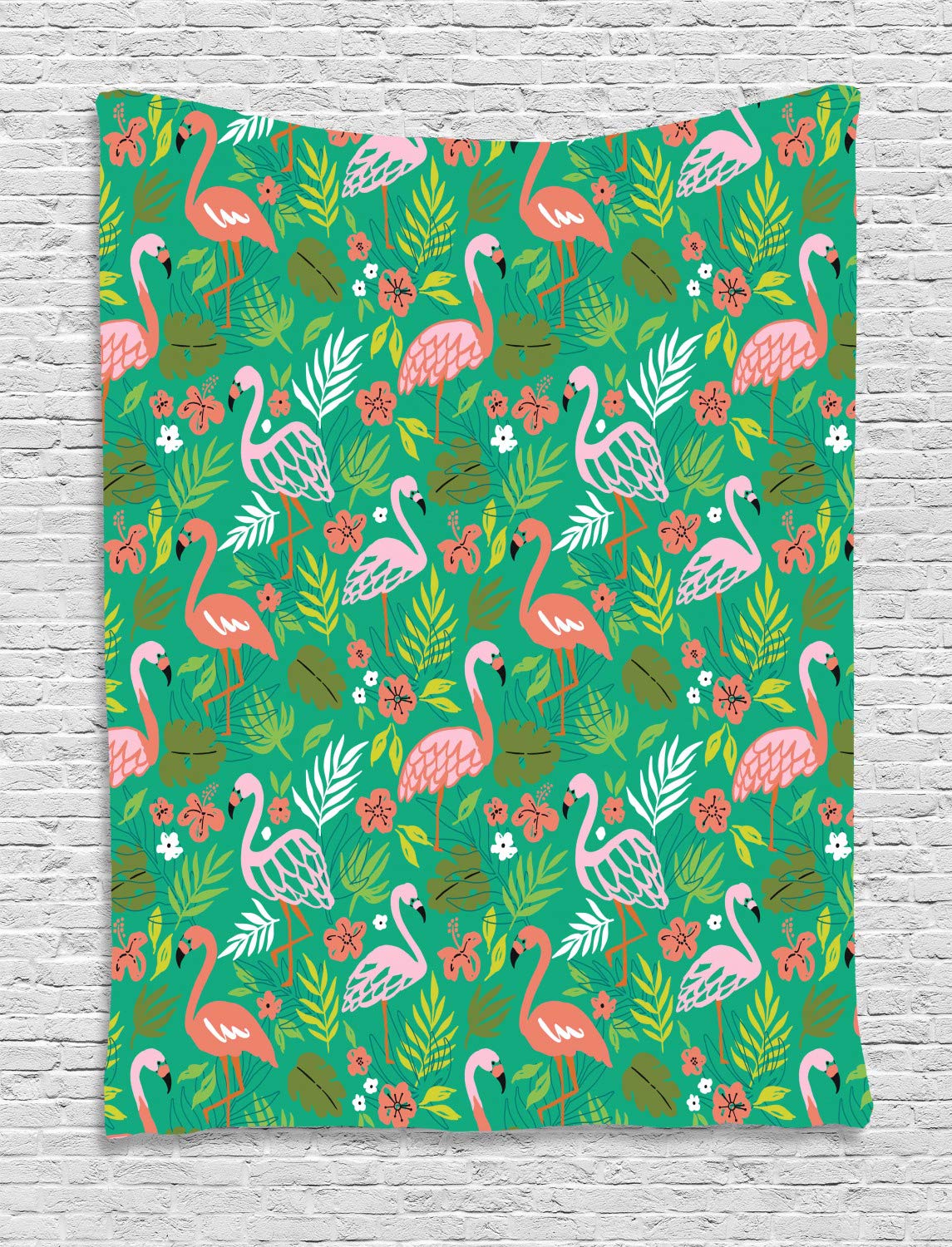 Ambesonne Tropical Tapestry Wall Hanging - Caribbean Style with Flamingos & Flourishing Elements - 60x80 Inch Sea Green Salmon - Perfect for Bedroom, Living Room & Dorm Decor - Beach Themed Home Accessories for Boho & Tropical Interior Design