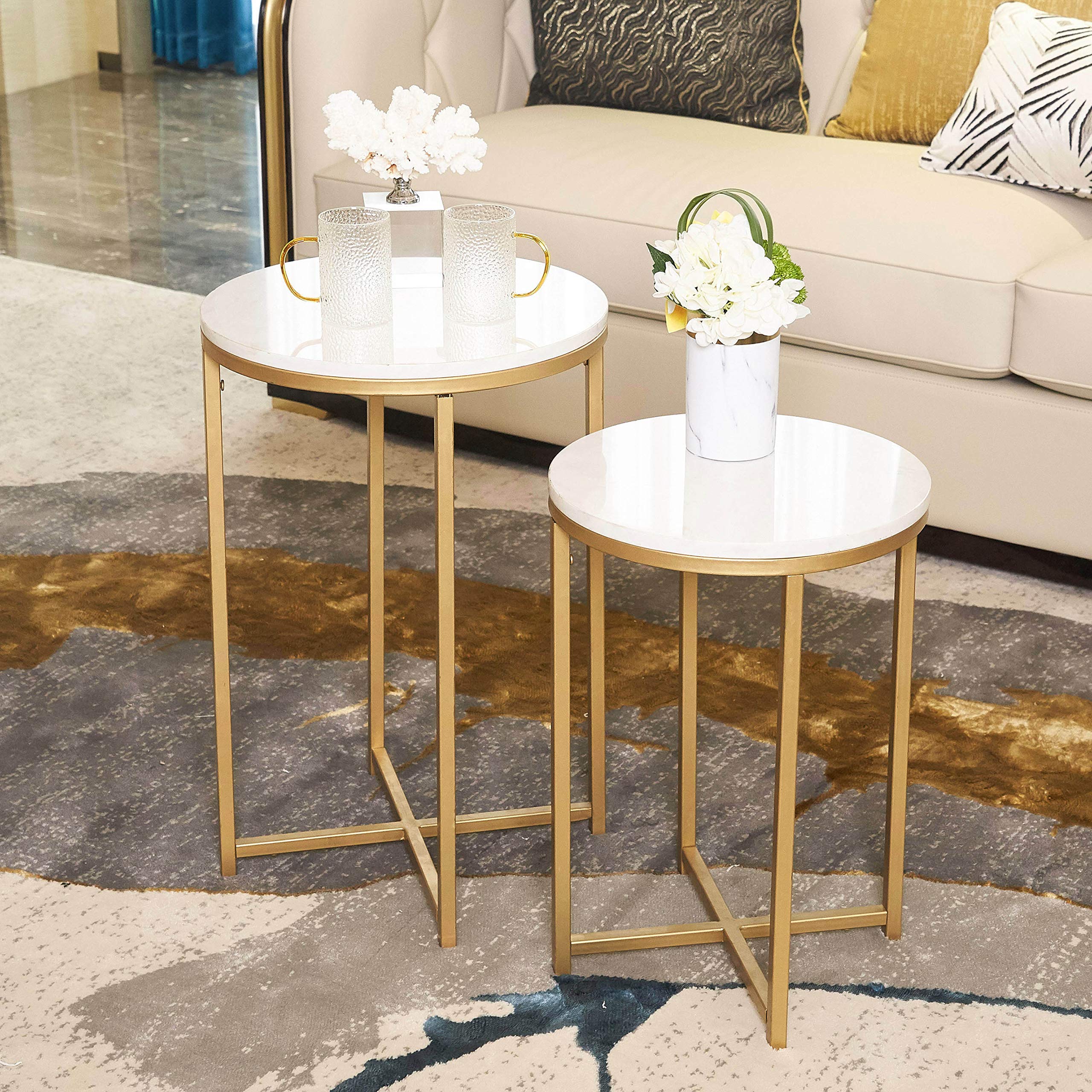 Modern Round Side Table with Marble Top & Gold Metal Base - 15.75
