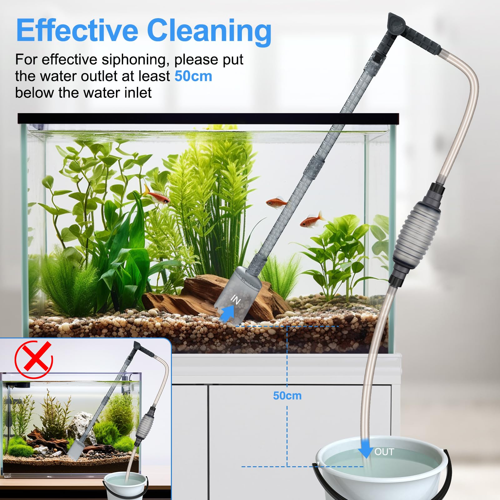 AQQA Manual Aquarium Gravel Cleaner - Adjustable Water Flow Fish Tank Vacuum Siphon Kit for Sand Washing & Dirt Removal | Perfect for Freshwater & Saltwater Tanks, Easy Water Changing & Substrate Cleaning