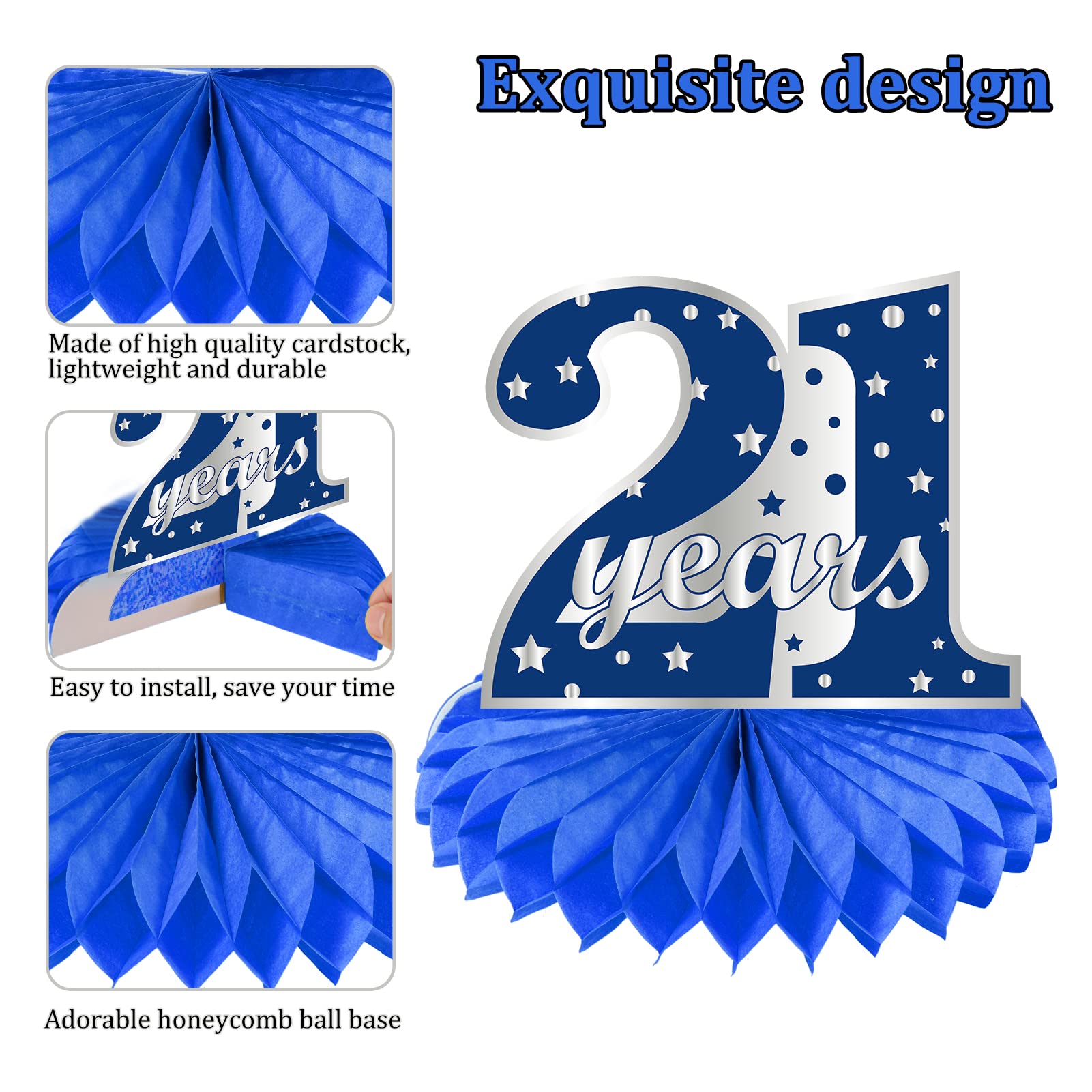 8Pcs Blue & Silver 21st Birthday Honeycomb Centerpieces Decorations for Men - Happy 21 Birthday Party Table Decorations, Twenty First Year Old Table Topper - Perfect for Adult Birthday Parties, Milestone Celebrations & Graduation Decor