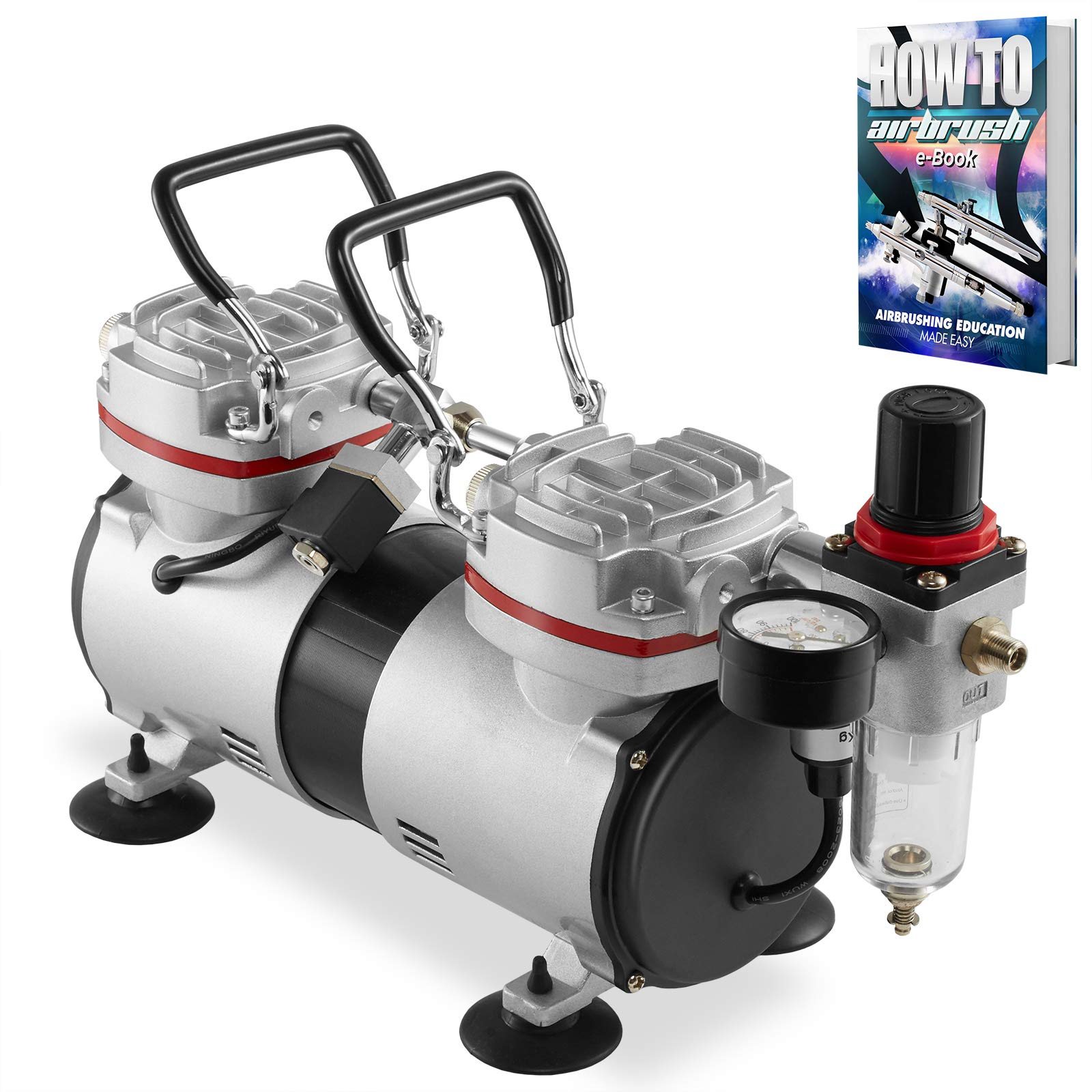 PointZero 1/3 HP Double Piston Airbrush Compressor with Regulator, Gauge & Water Trap - Ultra Quiet Professional Air Pump for Tattoo, Nail Art, Cake Decorating & Model Painting