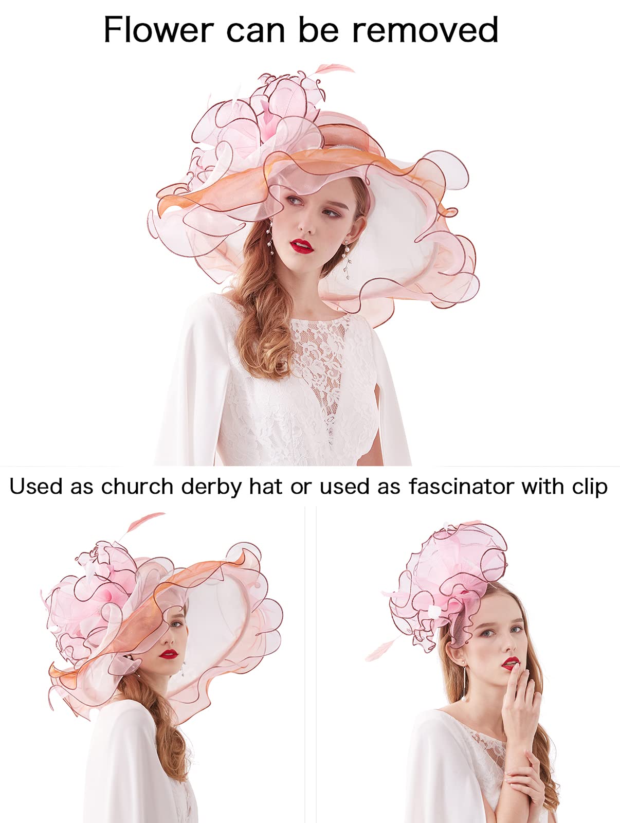 Elegant Women's Derby Hat with Organza Flower - Wide Brim Church, Wedding & Tea Party Fascinator - Perfect for Sunday Service, Garden Parties & Formal Events