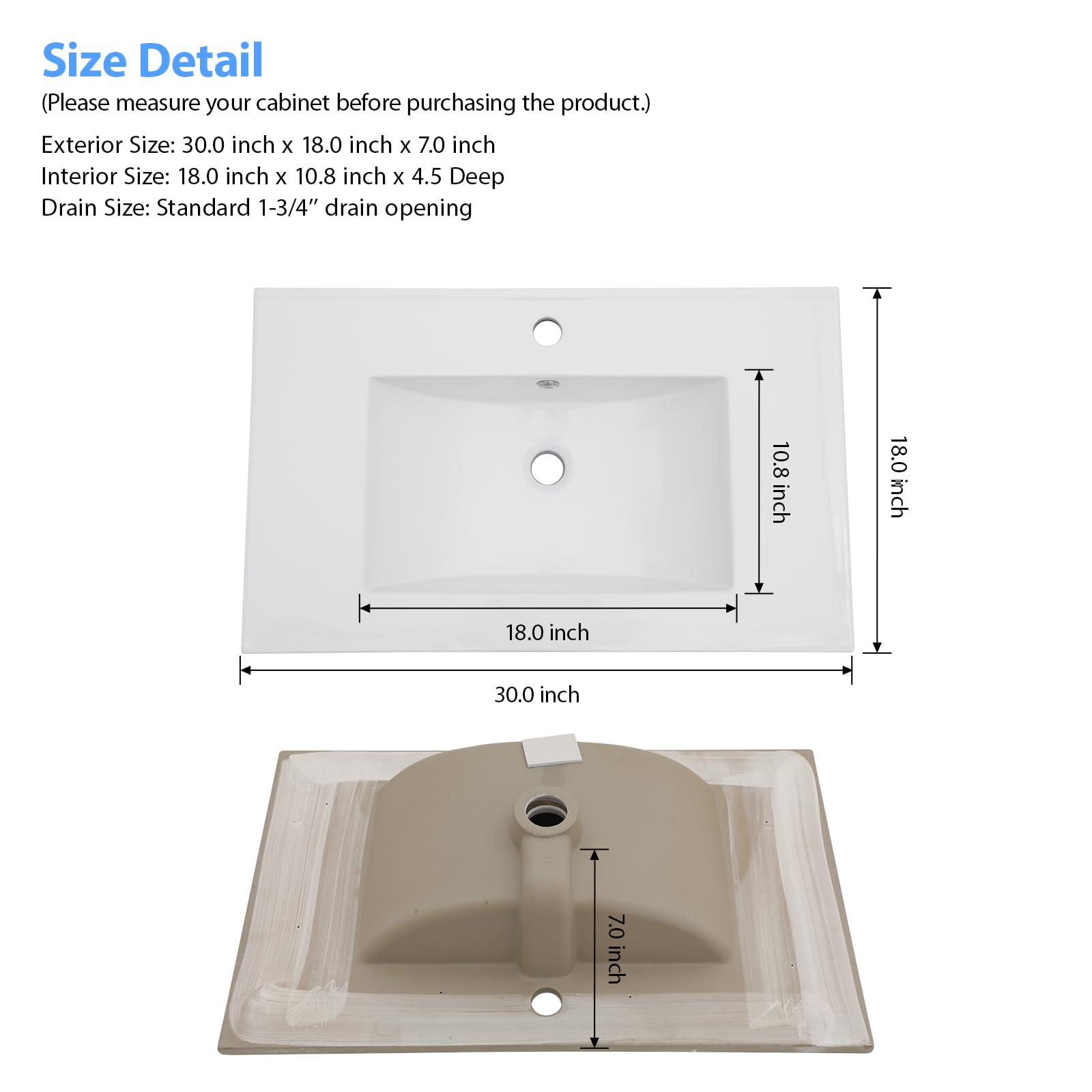 Lordear White Porcelain Ceramic Drop-In Bathroom Sink - 30 x 18 Inch Single Hole Vanity Top Basin for Modern Bathrooms | Perfect for Home Renovation & Guest Bathroom Upgrades