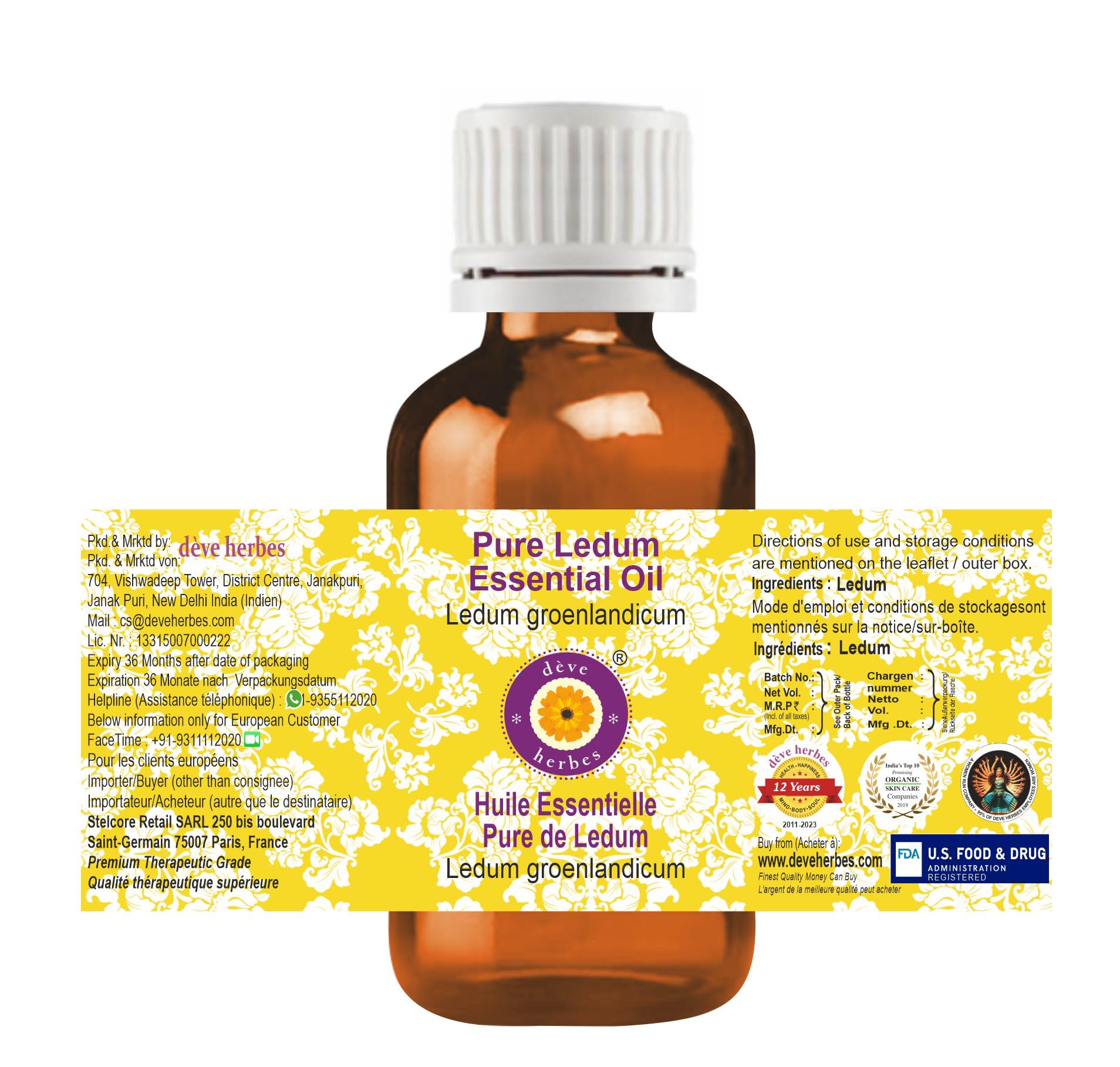 Deve Herbes Pure Ledum Essential Oil (Ledum groenlandicum) 5ml - Steam Distilled Therapeutic Grade for Aromatherapy, Massage & Natural Remedies