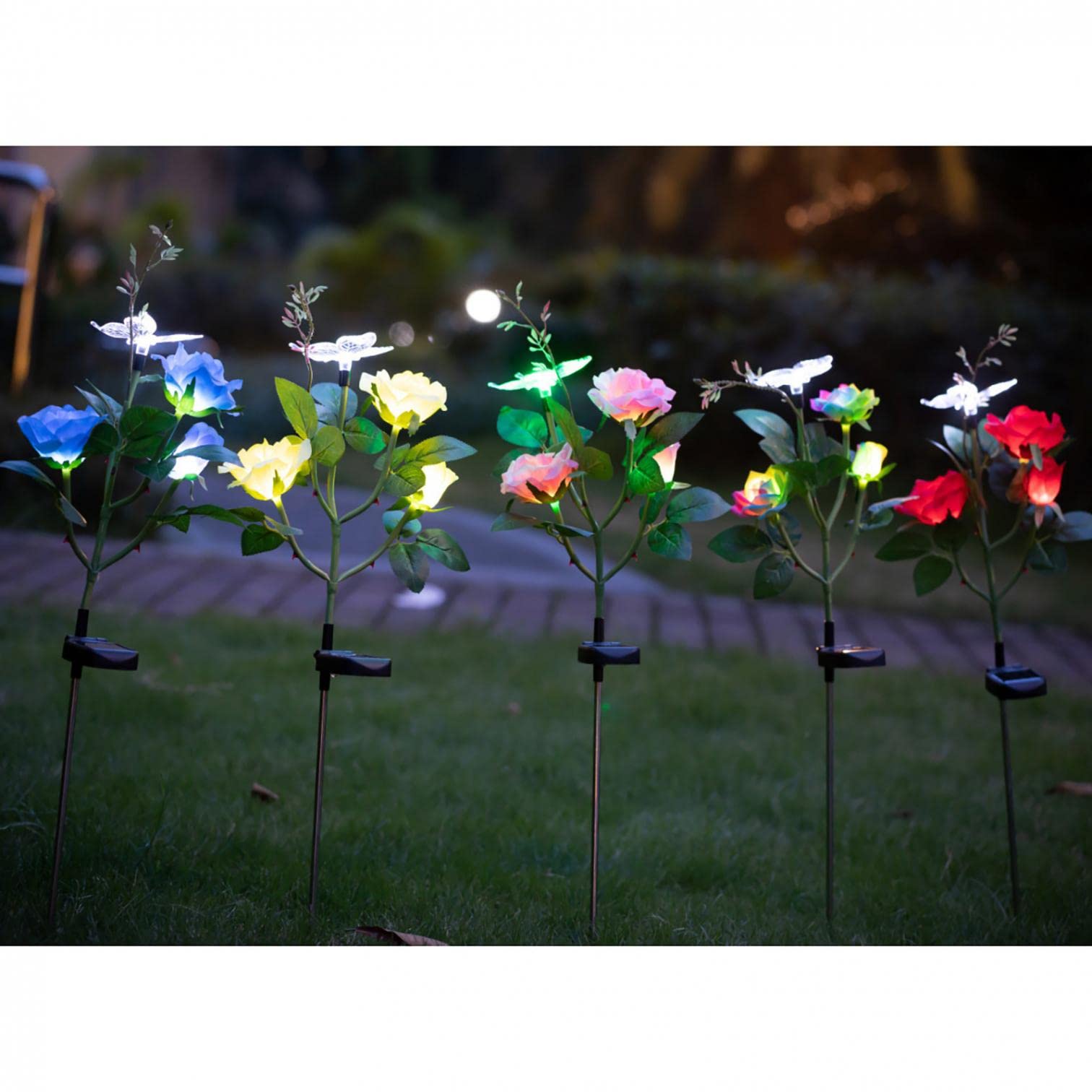 Romantic Solar Flower Lights - Waterproof Solar Powered Rose Garden Pathway Lights with Flowers & Butterfly, Outdoor Landscape Lighting for Backyard, Patio, Park, Wedding - Perfect for Garden Decor, Walkway Illumination and Special Events