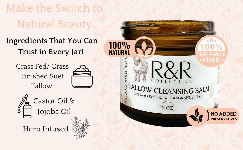 All Natural Tallow Cleansing Balm - 100% Grass-Fed Beef Tallow Makeup Remover & Oil-Based Facial Cleanser for Sensitive Skin (2 fl oz) | Perfect for Deep Cleansing, Double Cleansing Routine & Nighttime Skincare