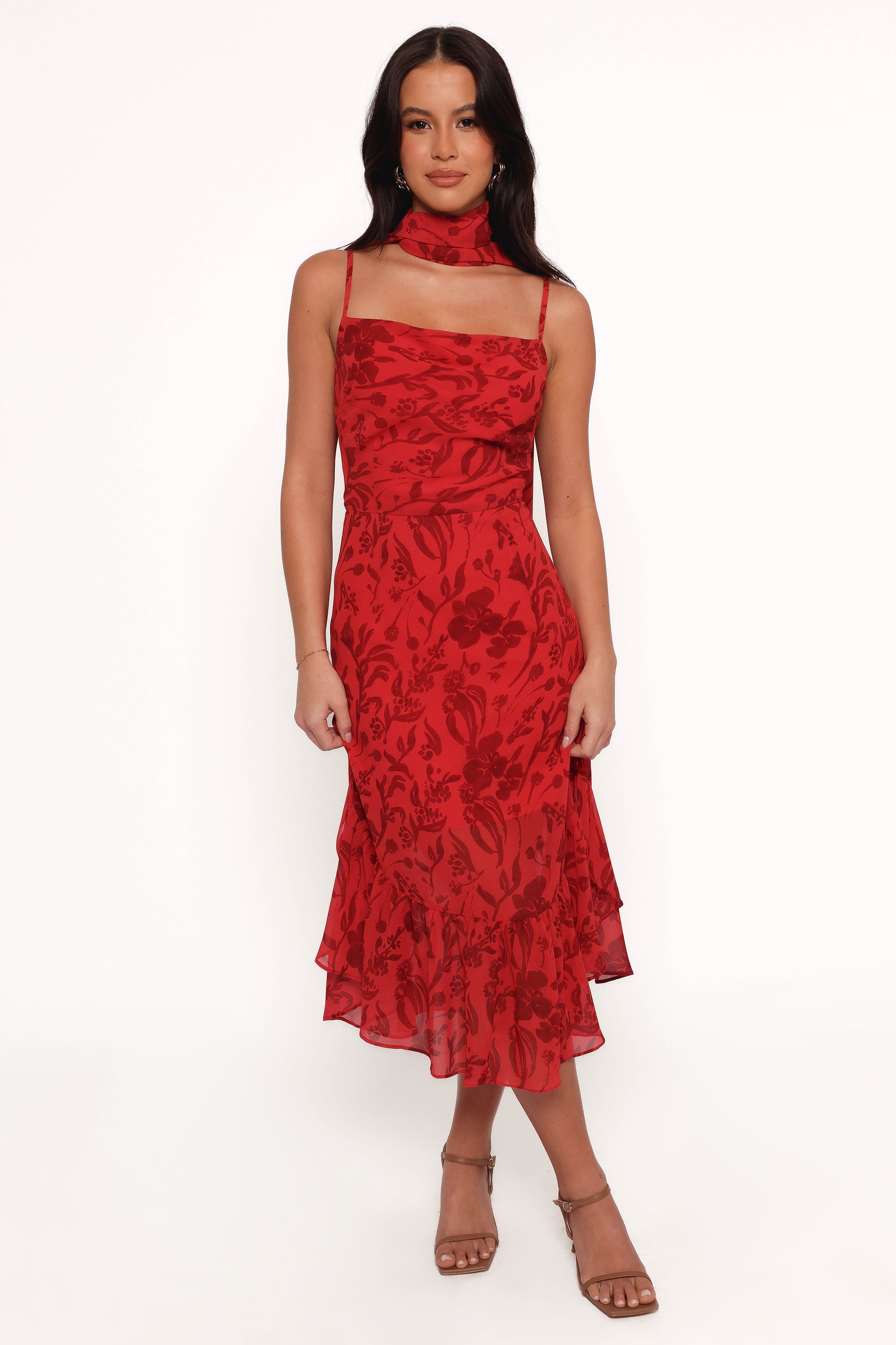 Francesca Floral Print Midi Dress - Red Floral Summer Dress for Women | Perfect for Beach Vacations, Date Nights & Casual Outings
