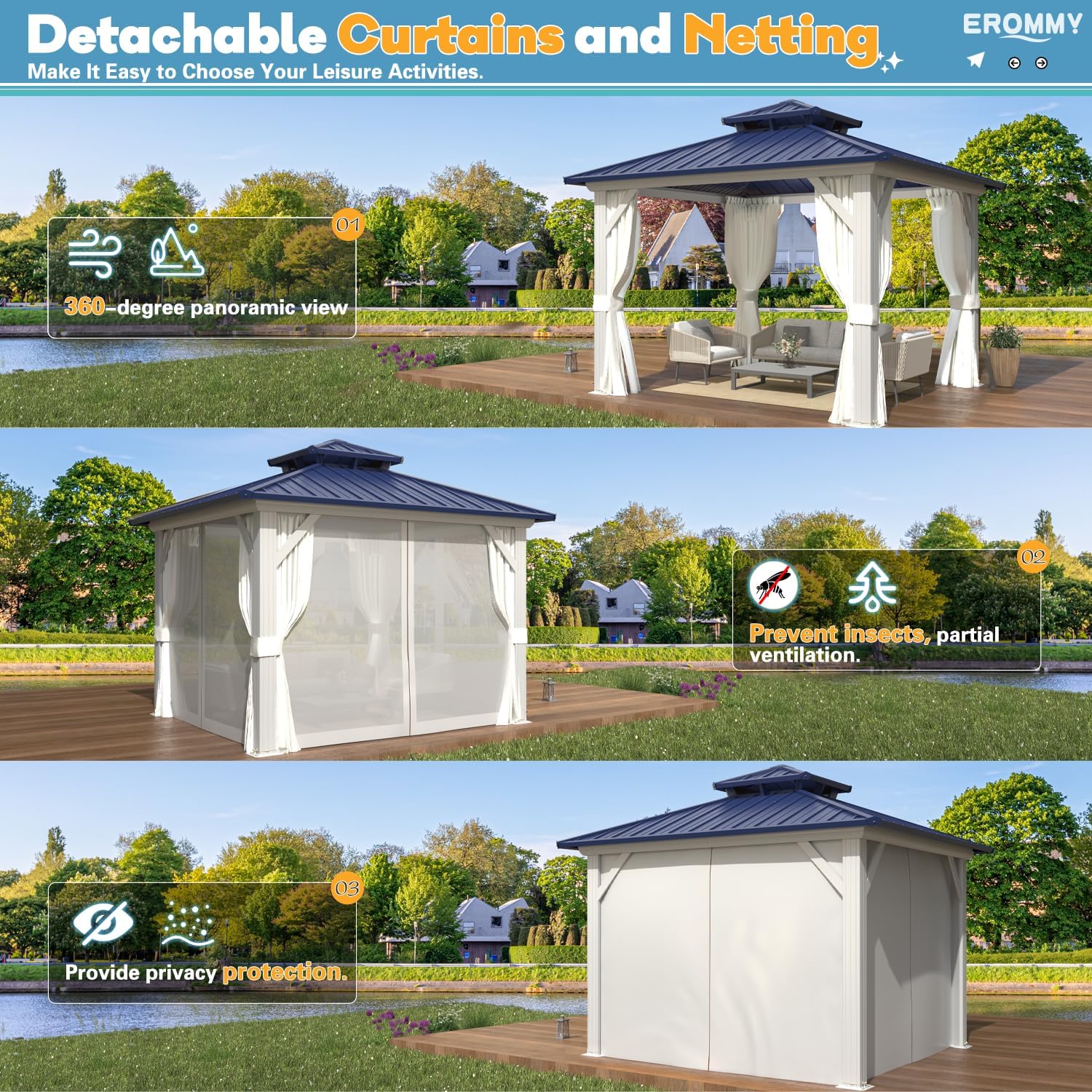 10' x 12' Hardtop Gazebo with Galvanized Steel Roof - All Season Aluminum Outdoor Pergola with Netting & Curtains - Weatherproof Patio Cover for Backyard, Garden, Deck & Outdoor Entertaining (Blue)