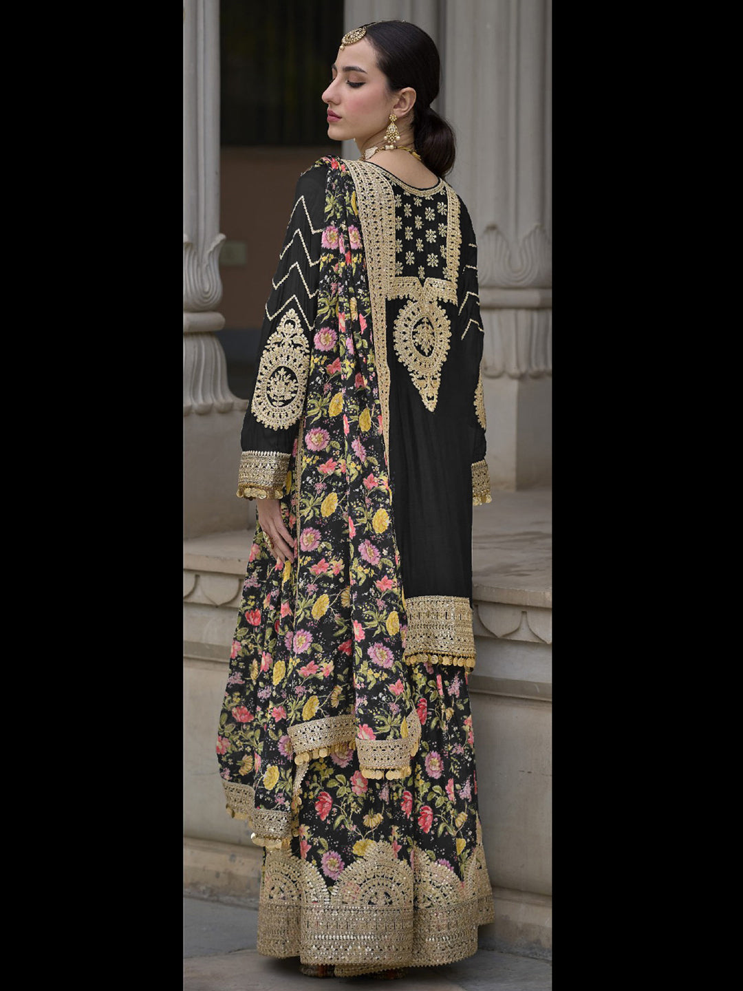Elegant Black Heavy Chinon Designer Sharara Suit with Embroidery, Sequins & Mirror Work - Perfect for Weddings, Parties & Special Occasions