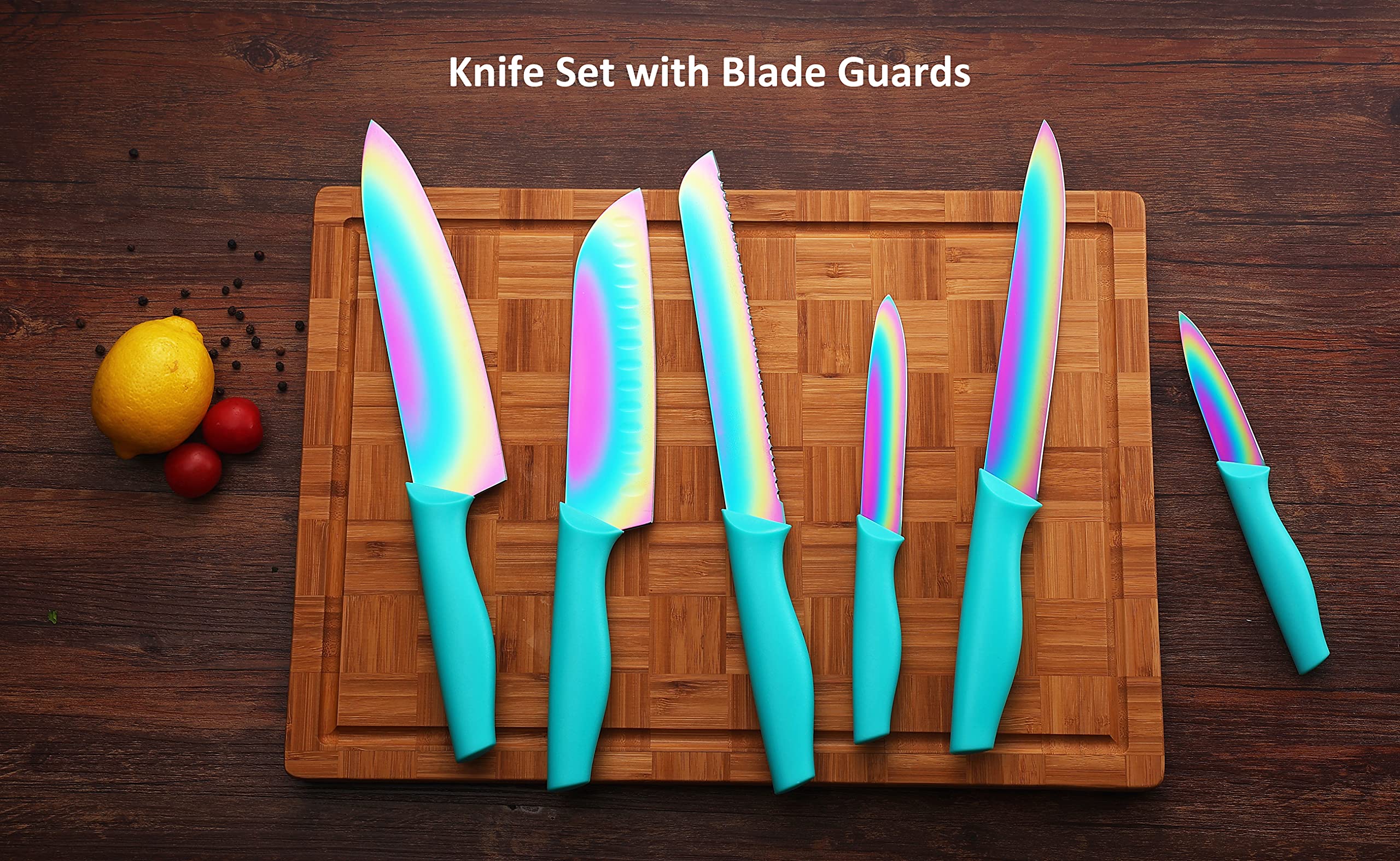 **17-Piece Marco Almond Stainless Steel Knife Set with Spoons & Blade Guards - Rainbow Color Kitchen Knives for Cooking, Baking & Meal Prep**
