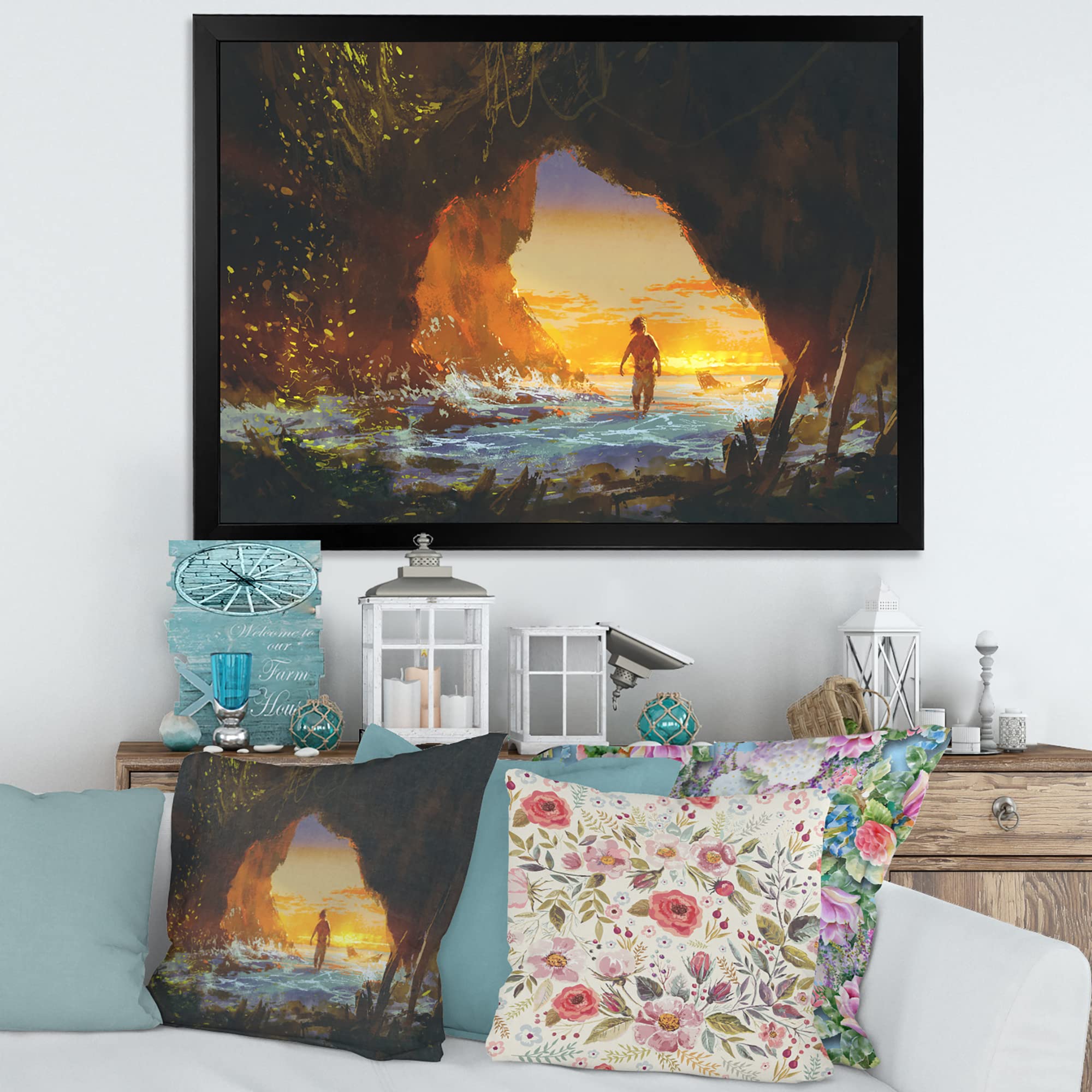 DesignQ Framed Wall Art - Sunset Sea Cave Walking Man Coastal Decor for Living Room, Bedroom & Office | Nautical Theme Home Decor