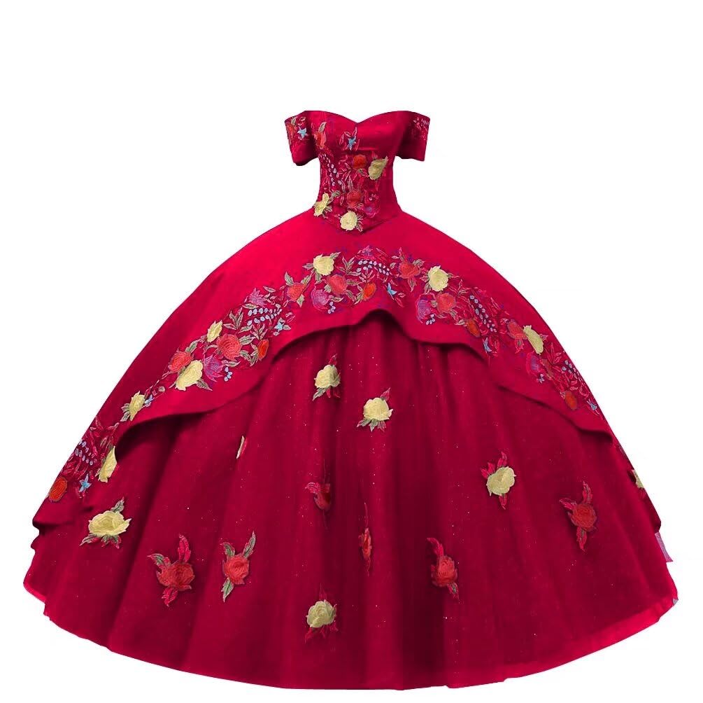 Yellow & Red Embroidered Off-Shoulder Quinceañera Dress - Mexican Charro Style Sweet 15 Party Gown for 2025 | Perfect for Quince Celebrations, Birthday Parties & Special Occasions